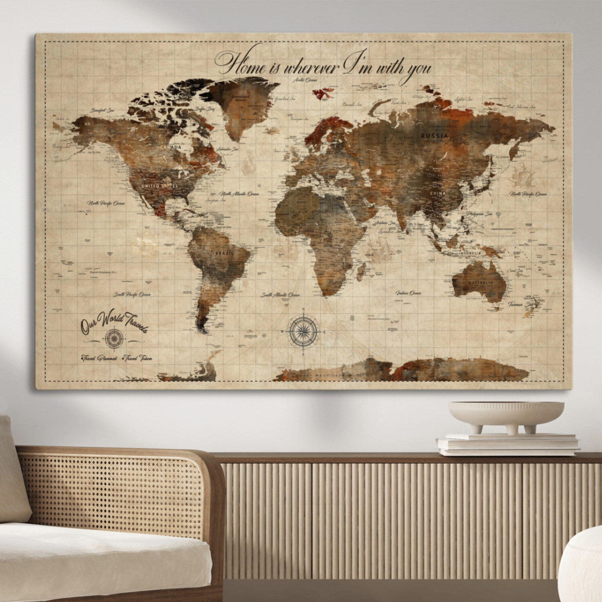 Rehber01-MGV-CV-36X24-Personalized World Map Canvas Print – Custom Push Pin Framed Travel Map Wall Art, Unique Gift for Couples or Home Decor