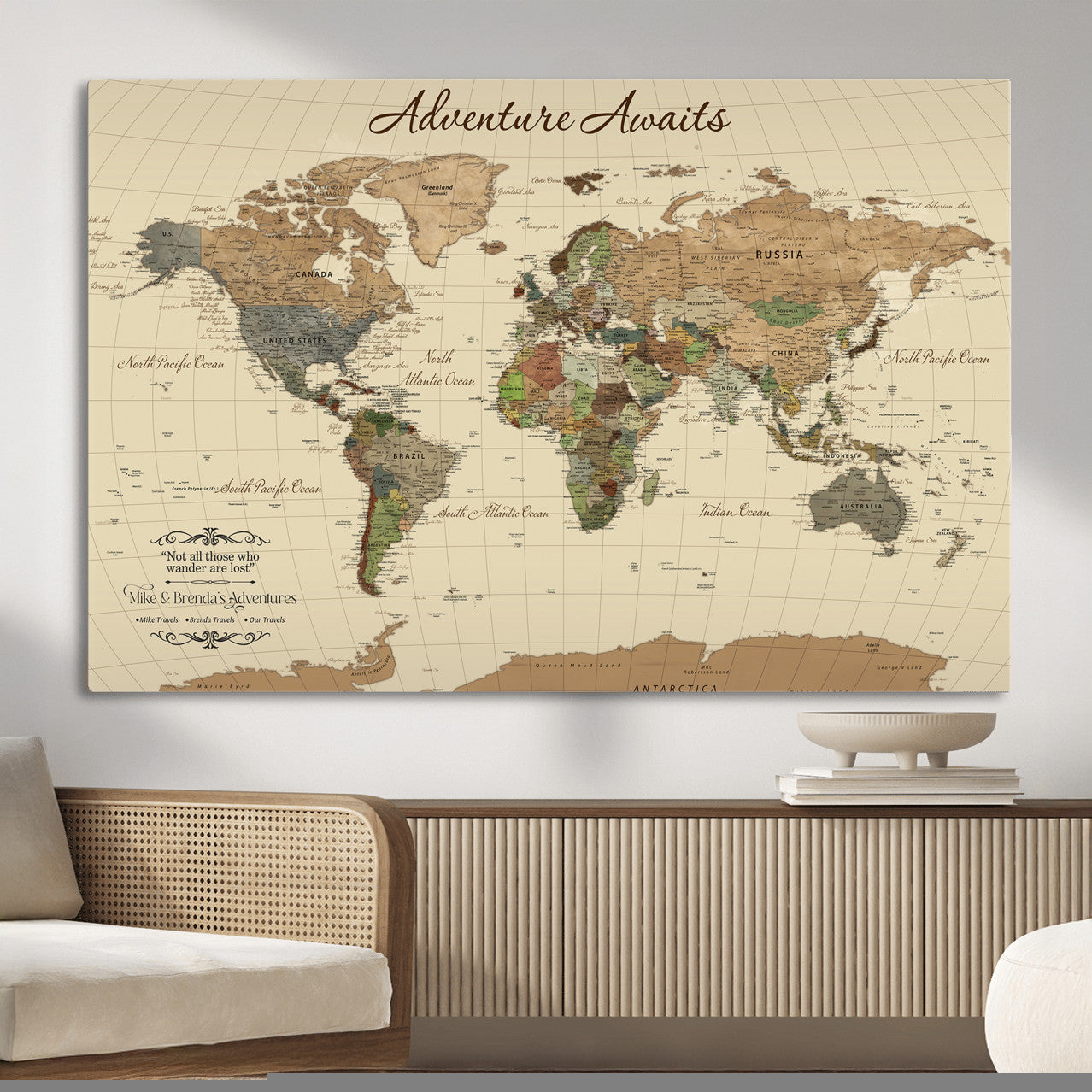 31875069-MGV-CV-36X24 - Customizable Push Pin World Map Wall Canvas Print – Personalize Travel Tracker with Pins – Framed Custom Quotie Canvas for Home Office Decor