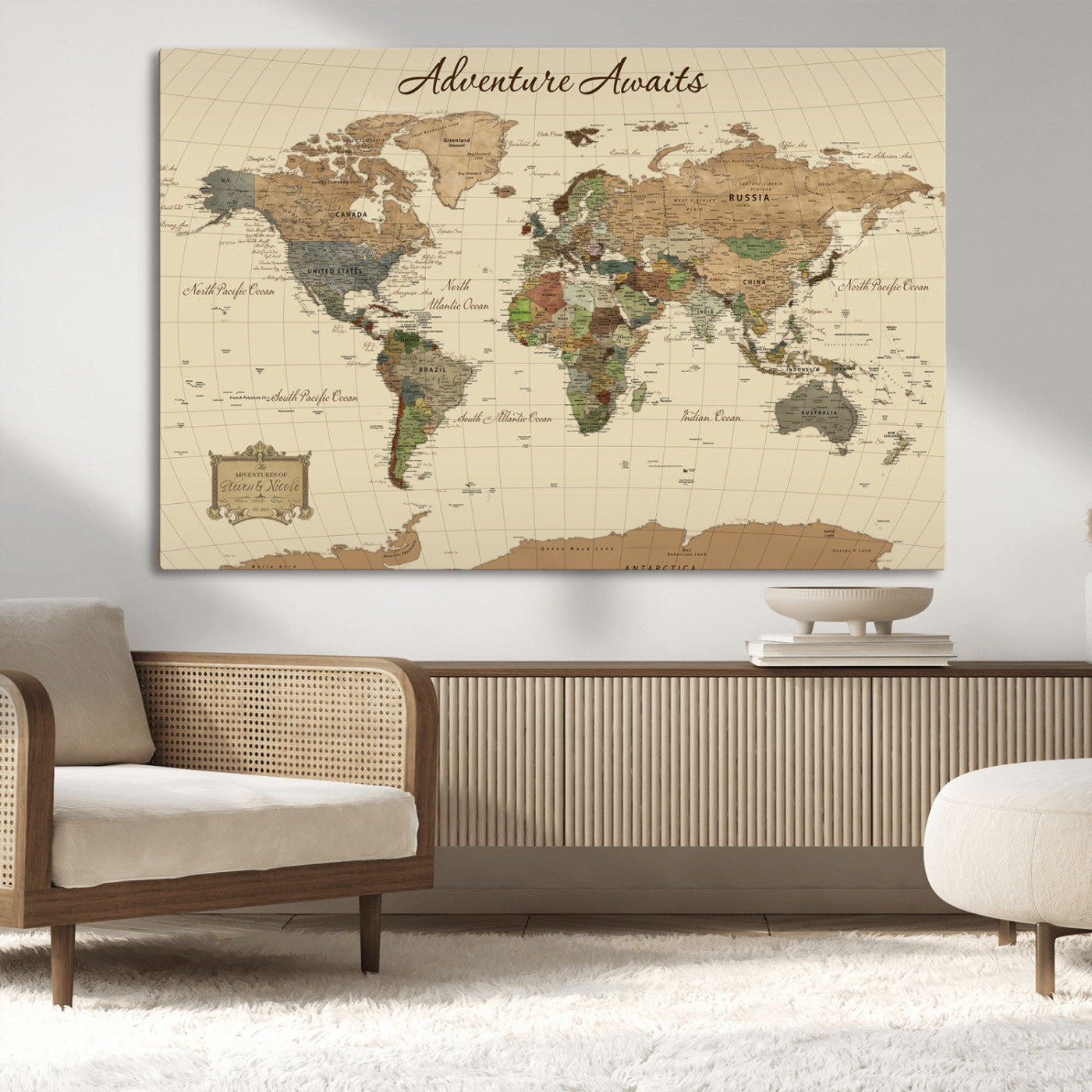 31875069-MGV-CV-36X24-Custom Push Pin World Map Wall Canvas Print – Personalized Travel Tracker with Pins – Framed Custom Quotie Canvas for Home Office Decoration