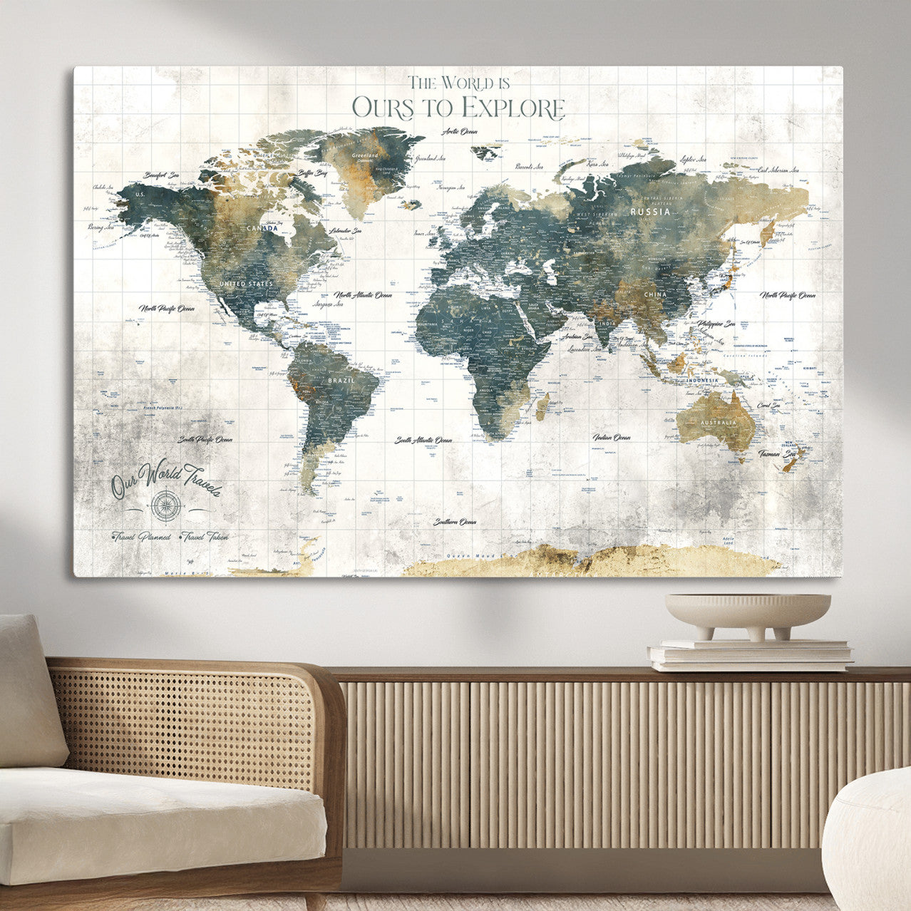 14988581-MGV-CV-36X24 - Custom Push Pin World Map Wall Canvas Print – Personalized Travel Tracker with Pins – Framed Custom Quotie Canvas for Home Office Decor