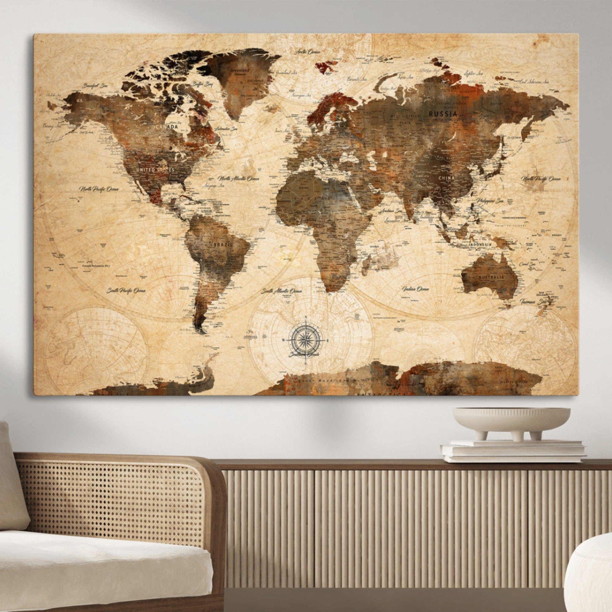 Rehber01-MGV-CV-36X24-Push Pin World Map Canvas Print – Travel Tracker Wall Art for Couples, Perfect Anniversary Gift for Home or Office Decor