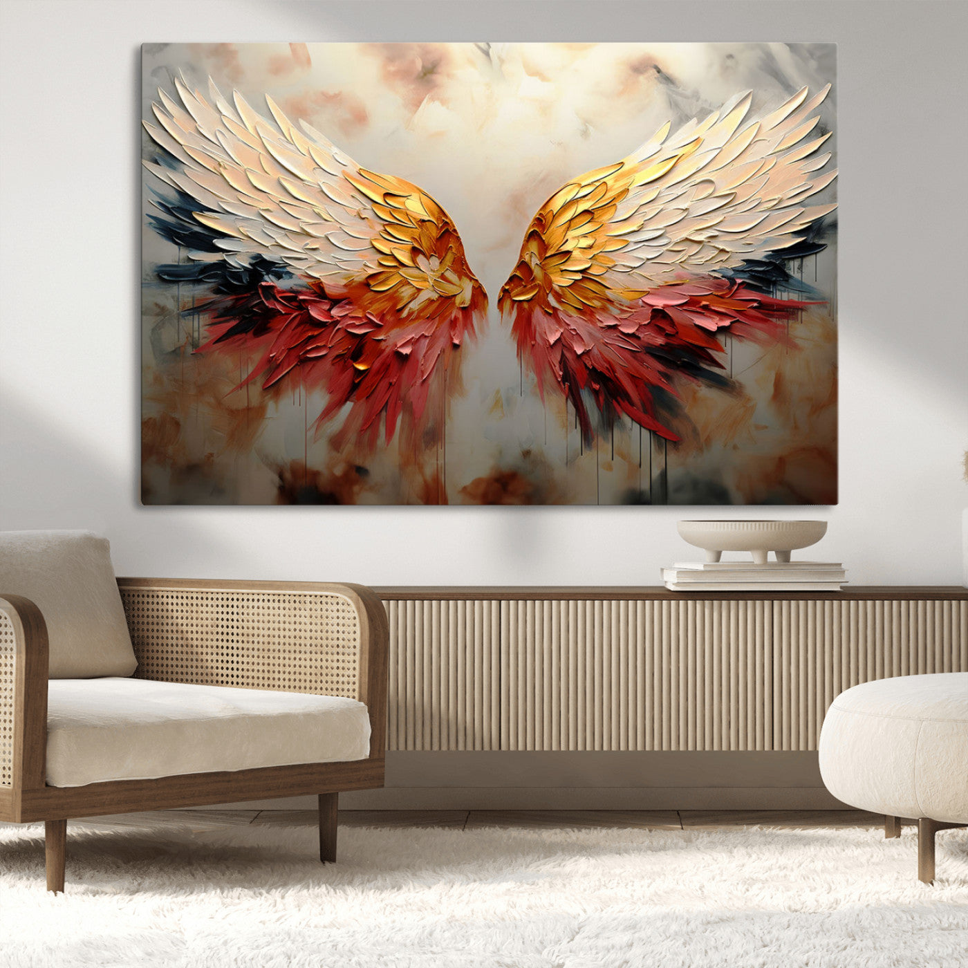 A stunning 3D-style painting of angel wings with vibrant gold, red, and black hues, creating a dramatic and striking visual effect.