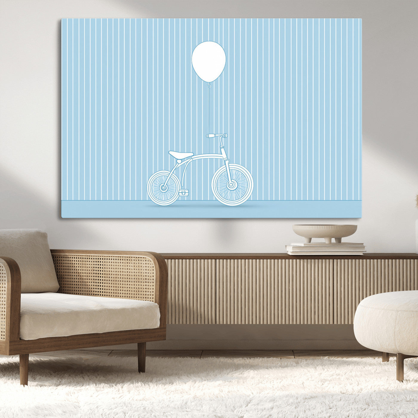 A minimalistic blue line drawing of a bicycle with a balloon floating above it, set against a soft striped background.
