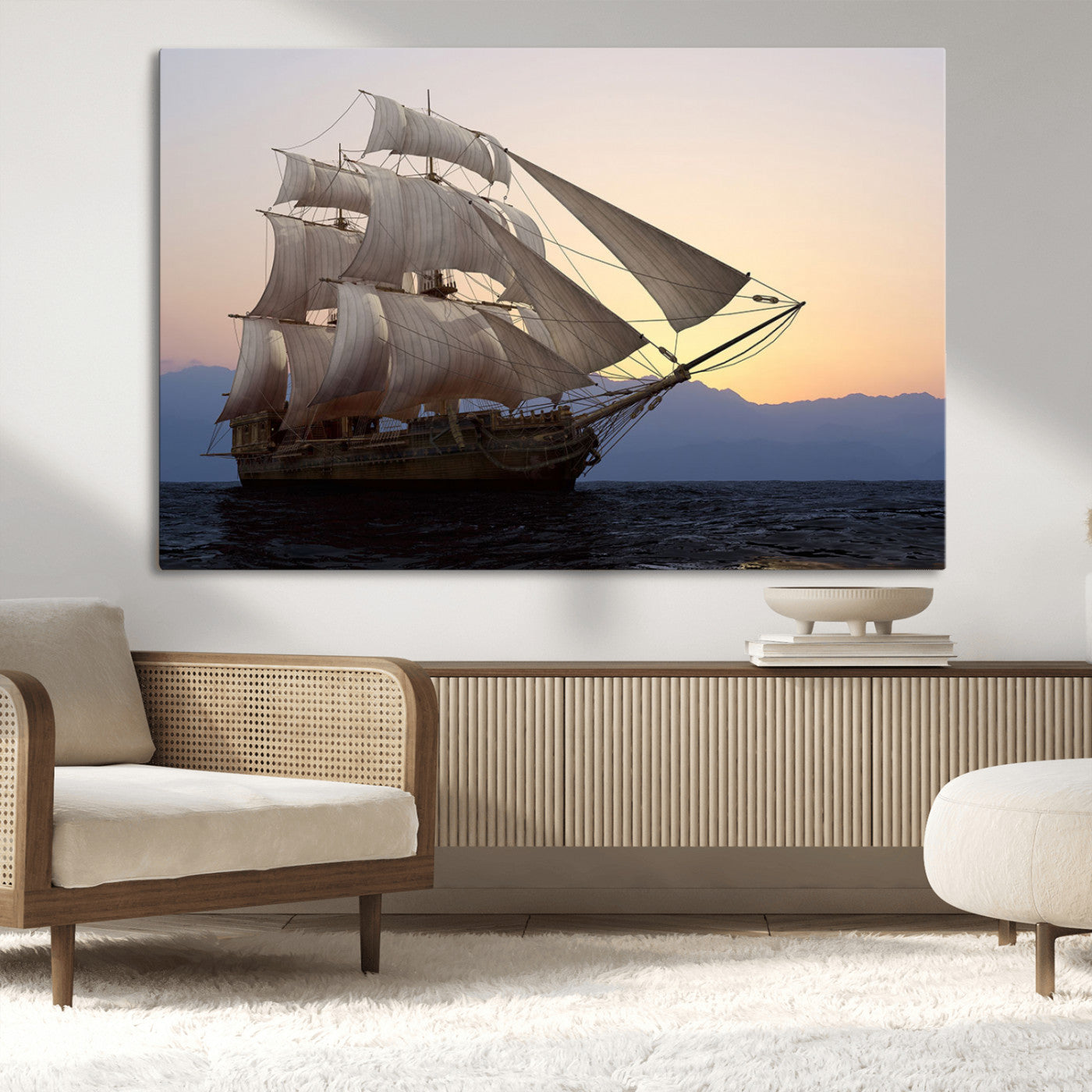 A majestic sailing ship with full sails, gliding through the ocean at sunset, with the soft glow of the sky casting a serene backdrop.
