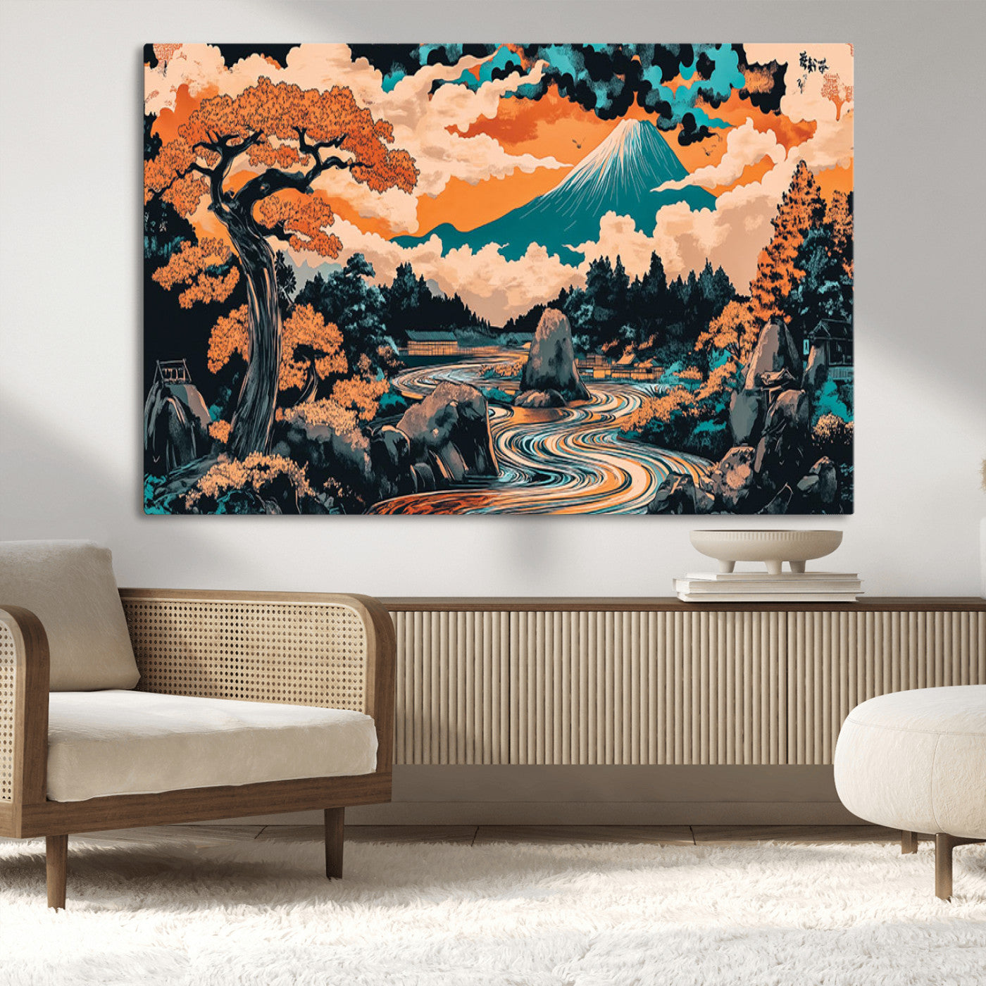 A vibrant Japanese-inspired landscape featuring Mount Fuji, a winding river, and autumn-colored trees under a dramatic sky, in bold and vivid hues.