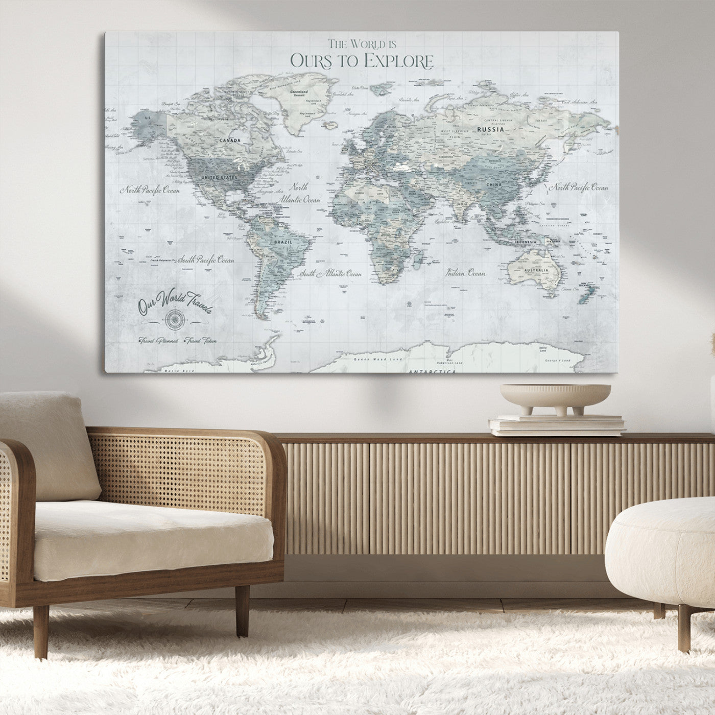 Custom Push Pin World Map Wall Canvas Print – Personalized Travel Tracker with Pins – Framed Custom Quotie Canvas for Home Office Decor