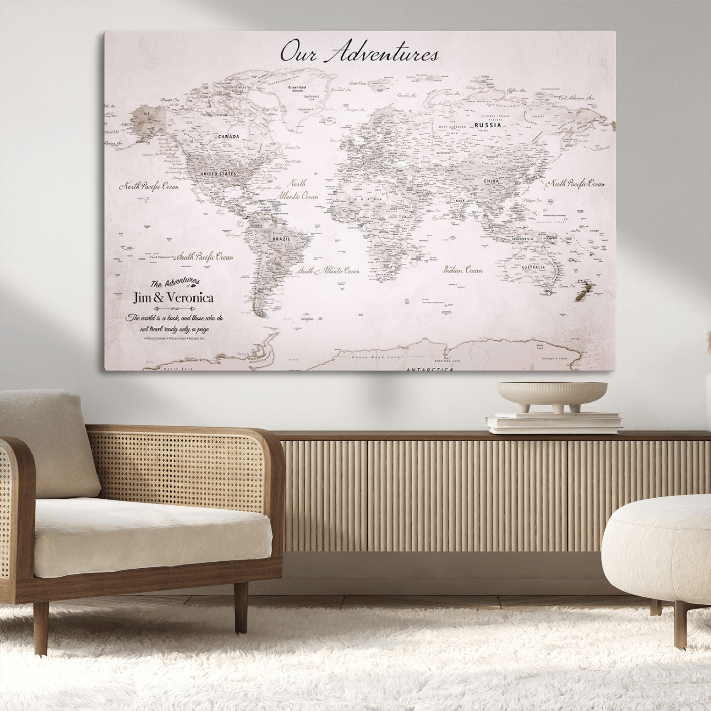 Customize Push Pin World Map Wall Canvas Print – Personalized Travel Map with Foam Pins – Framed Custom Quotie Canvas for Home Office Decor