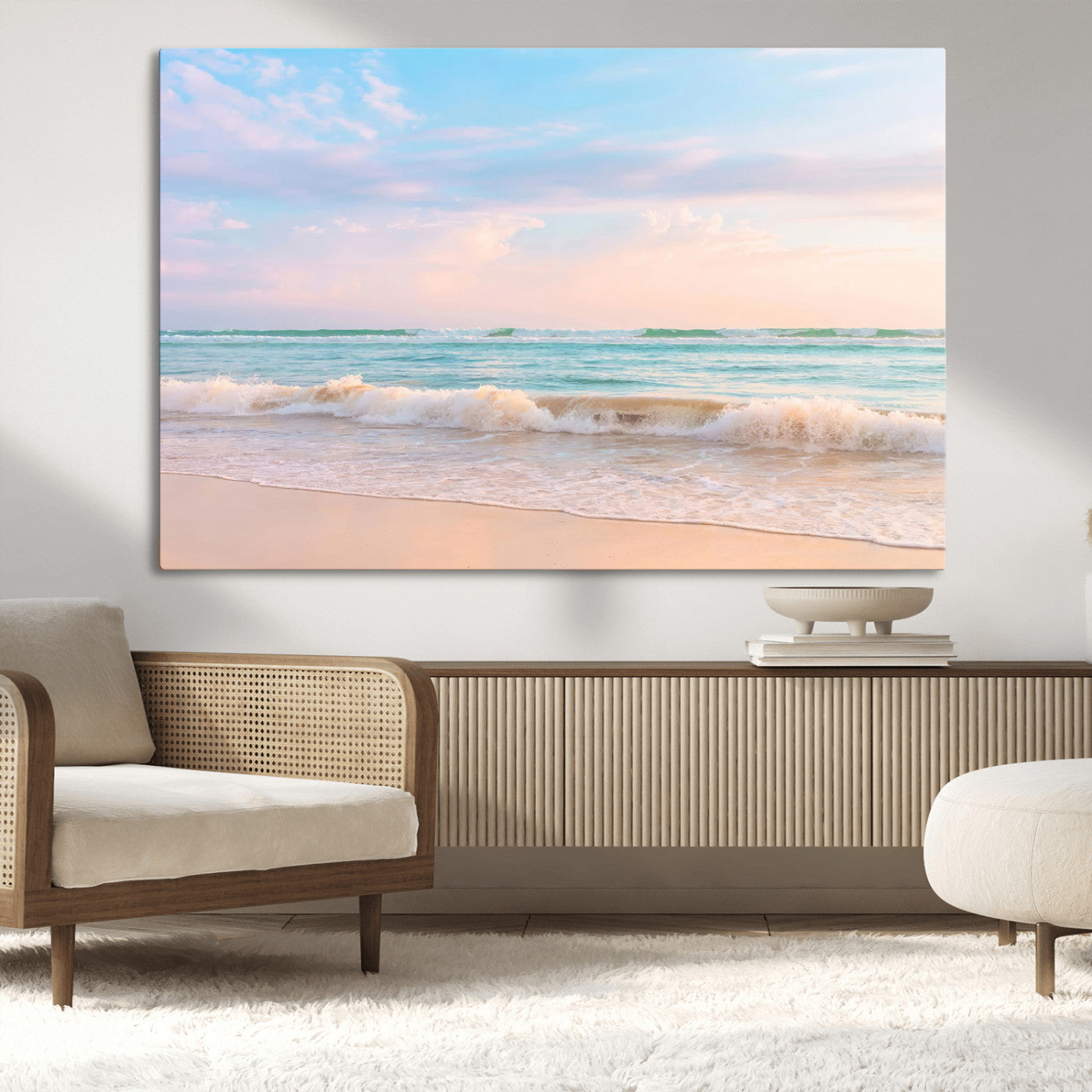 A peaceful beach scene with soft pastel skies, gentle waves washing up on the sandy shore, creating a calm and serene ocean view.
