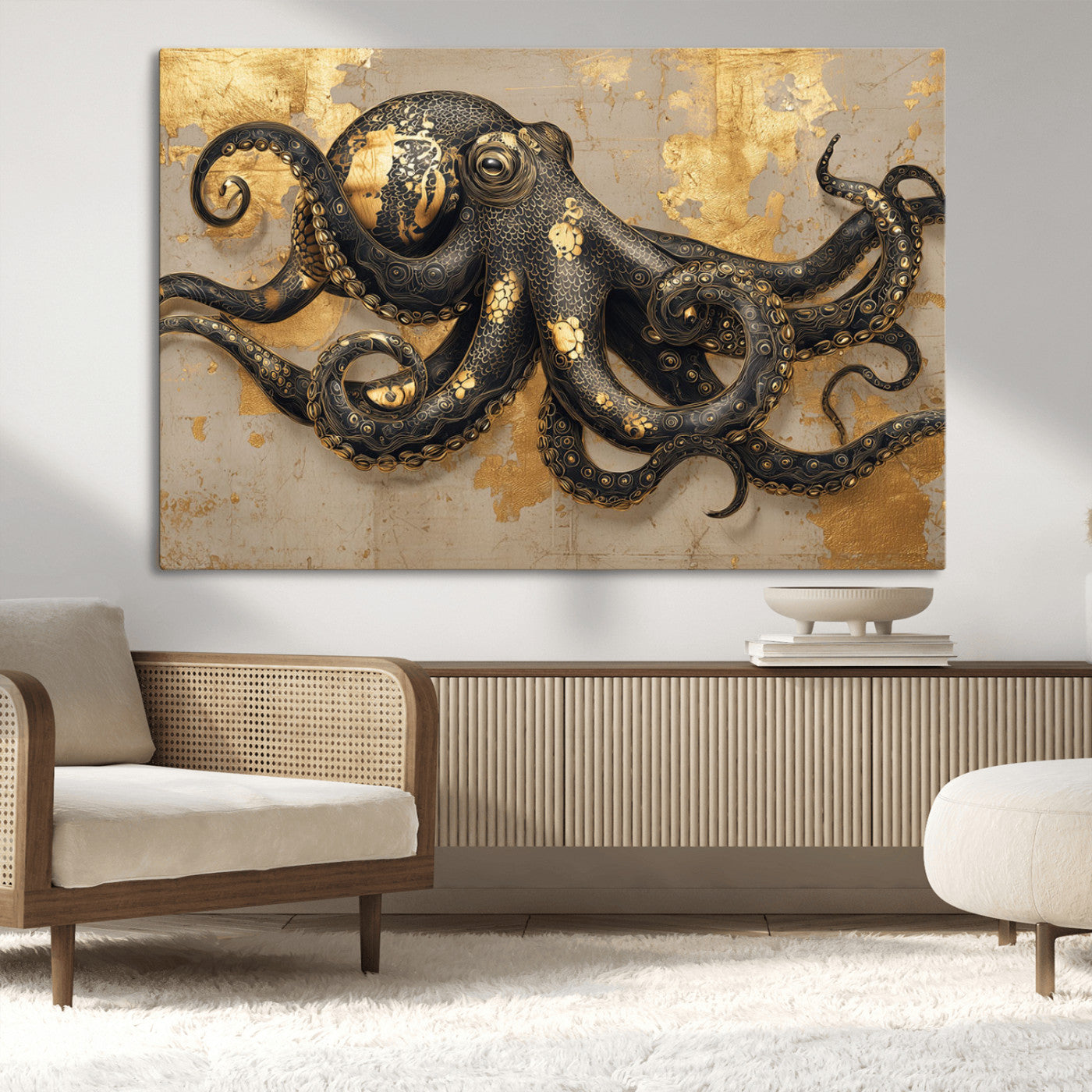 A stunning golden and black illustration of an octopus on a textured background with gold leaf accents, highlighting its intricate tentacles and unique design.