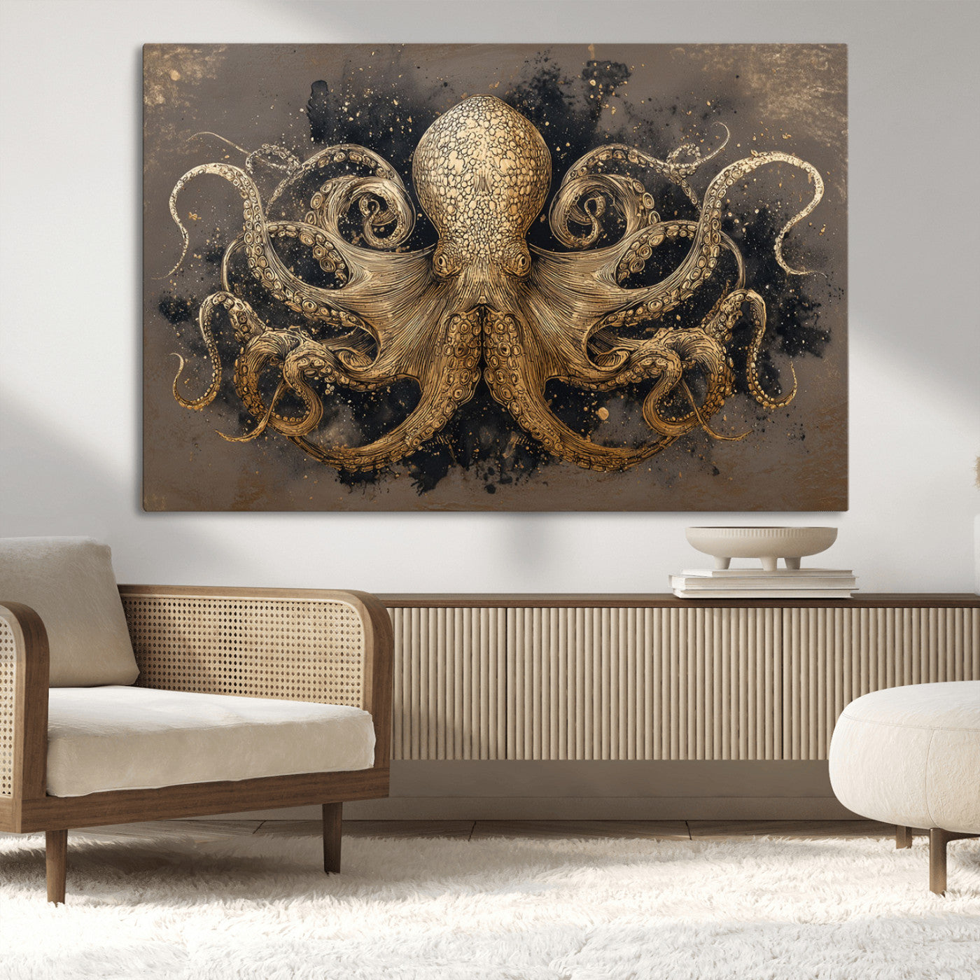 A beautifully detailed illustration of an octopus in gold ink on a textured dark background, with swirling tentacles and intricate patterns.