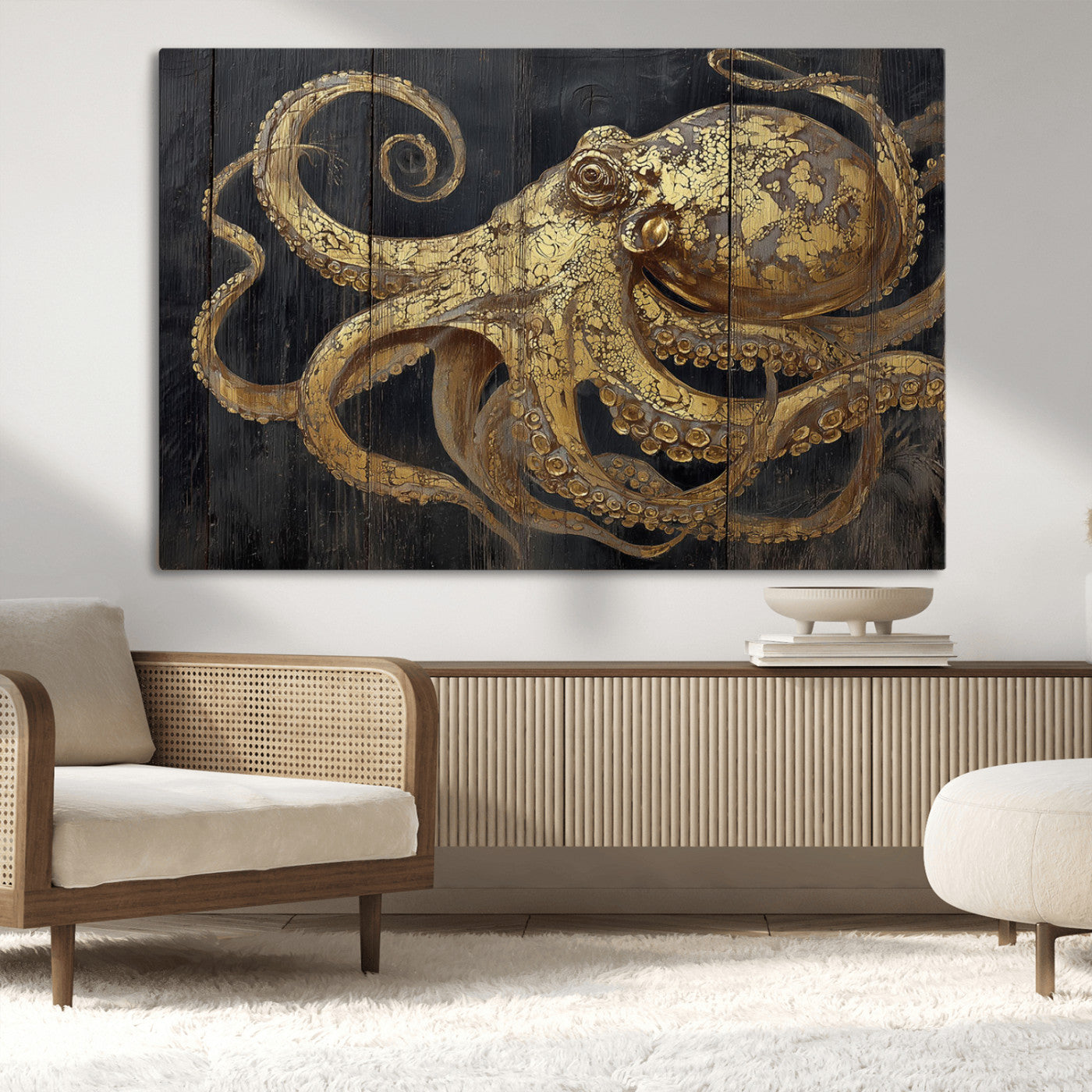 A detailed gold illustration of an octopus on black wooden planks, showing its intricate tentacles and textured skin in an artistic style.