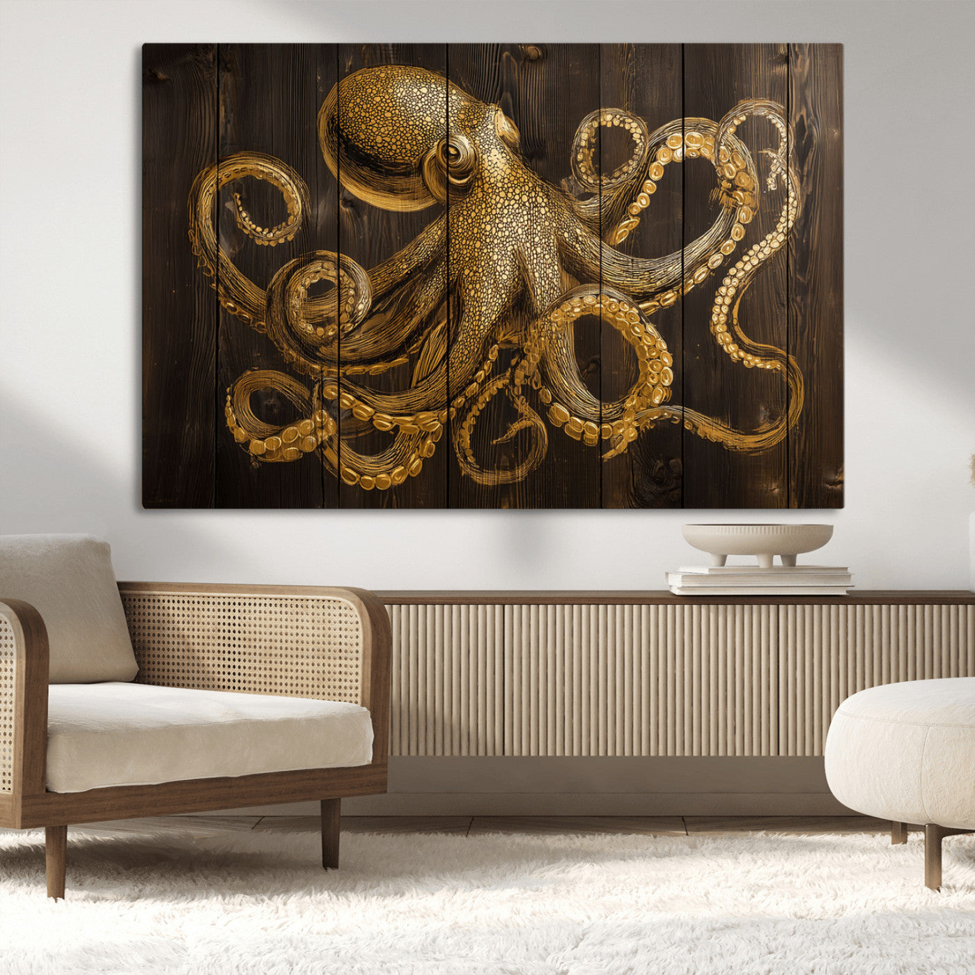 An artistic rendering of an octopus in gold ink on wooden planks, showcasing intricate details of its tentacles and textured skin.