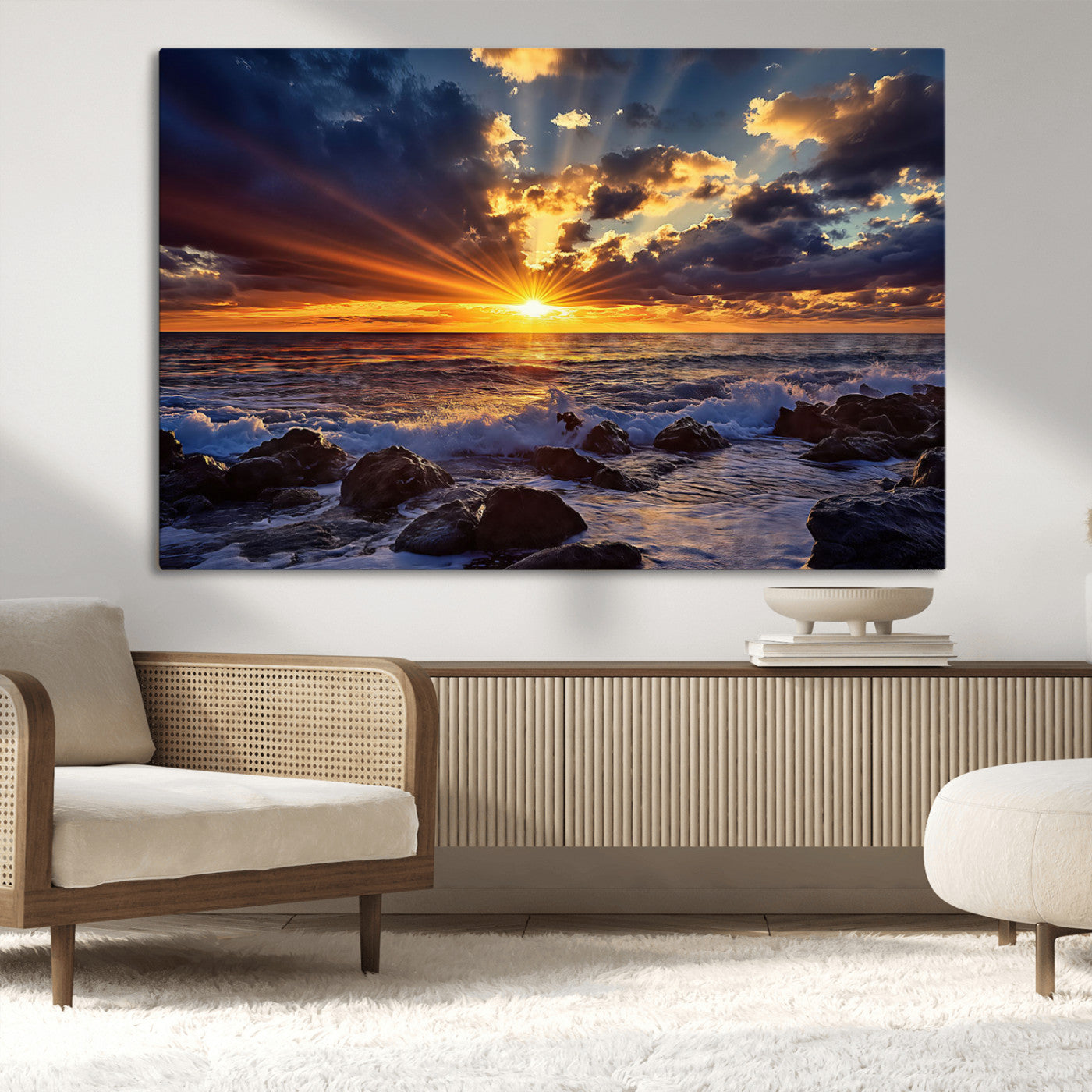 An explosive sunset over the ocean with dramatic clouds and rays of sunlight reflecting off the water, creating a vibrant and captivating view.