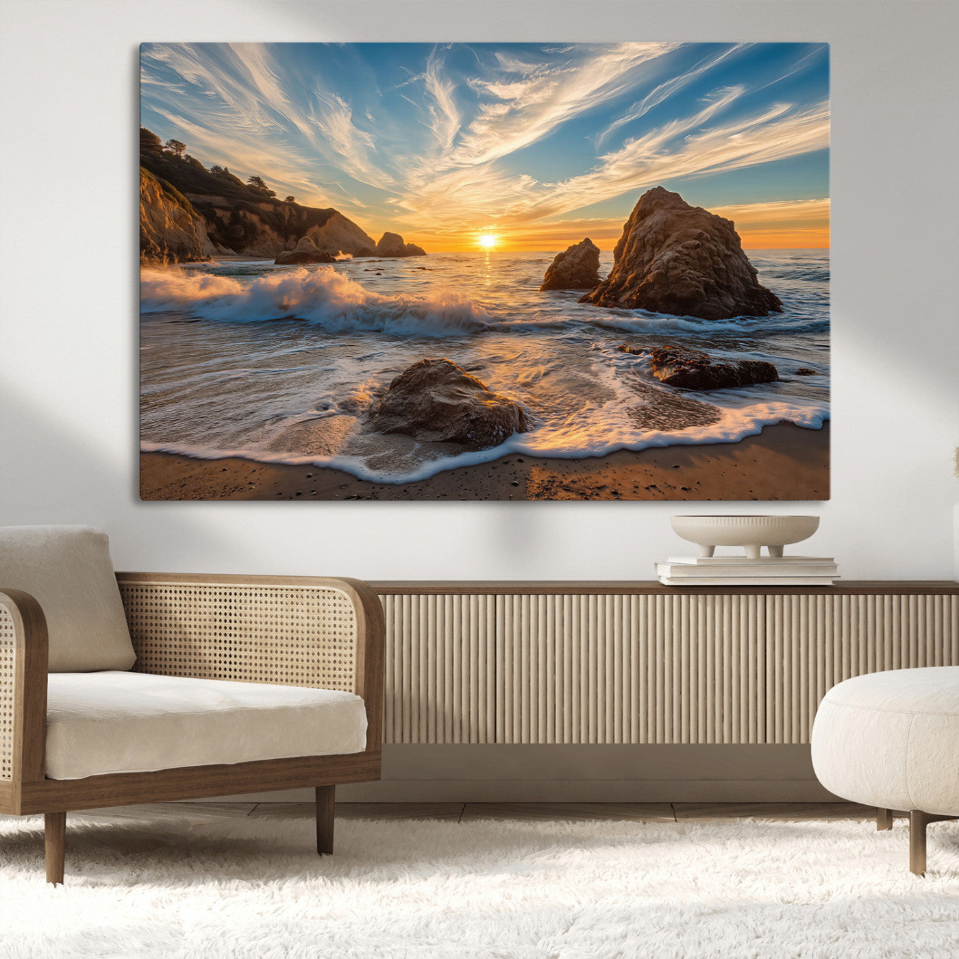 Rocky Ocean Sunset Wall Art Print, Seaside Canvas Wall Art, Dramatic Seascape Canvas Print for Coastal Modern Decor, Ocean Sunset Art Printing