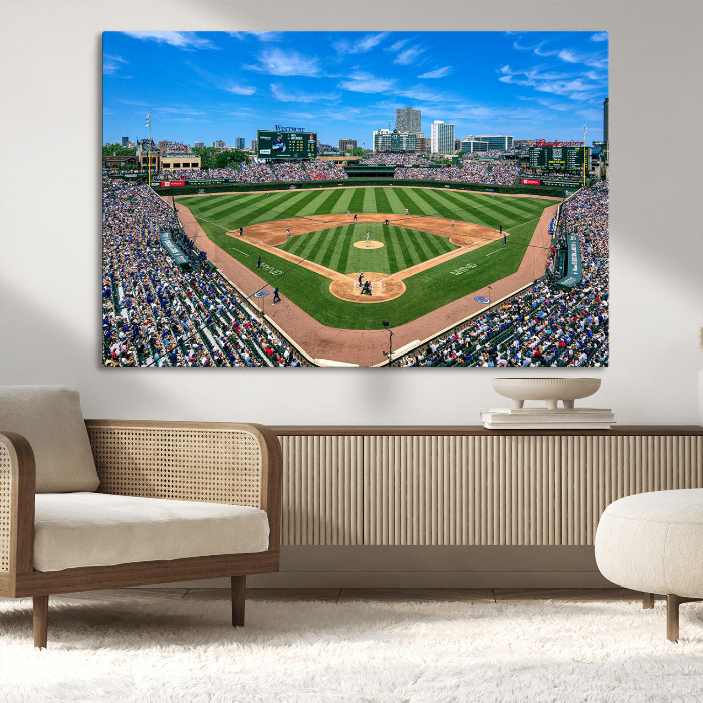 Wrigley Field Baseball Stadium Canvas Wall Art, Packed Crowd Sports Stadium Print, City Skyline Baseball Field Canvas for Game Room Decor