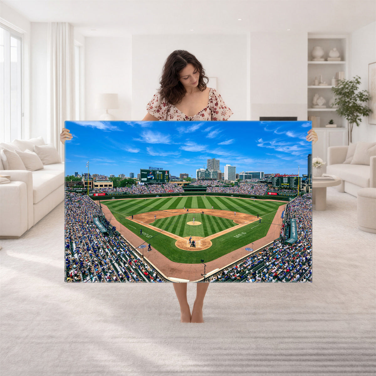 35800083-MGV-CV-36X24 - Wrigley Field Baseball Stadium Canvas Wall Art, Packed Crowd and Chicago Skyline