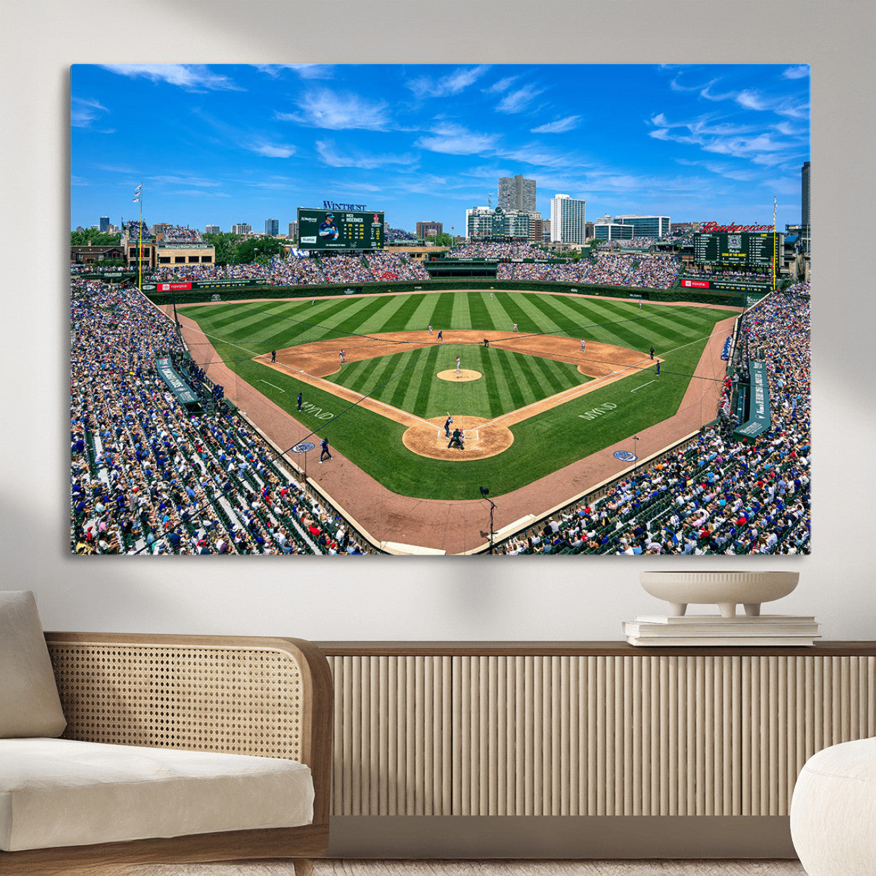 35800083-MGV-CV-36X24 - Wrigley Field Baseball Stadium Canvas Wall Art – Packed Crowd Sports Stadium City Skyline Artwork for Home Office