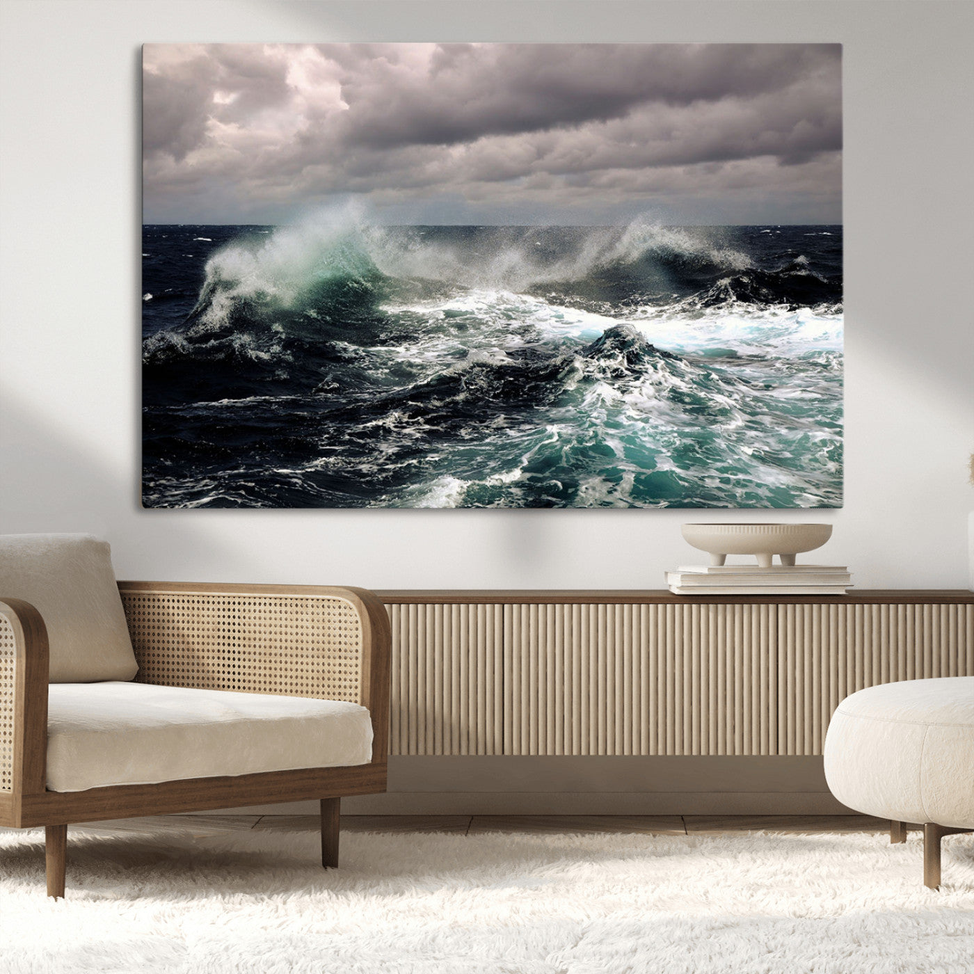Powerful ocean waves crashing under stormy skies, creating a dynamic and intense seascape.