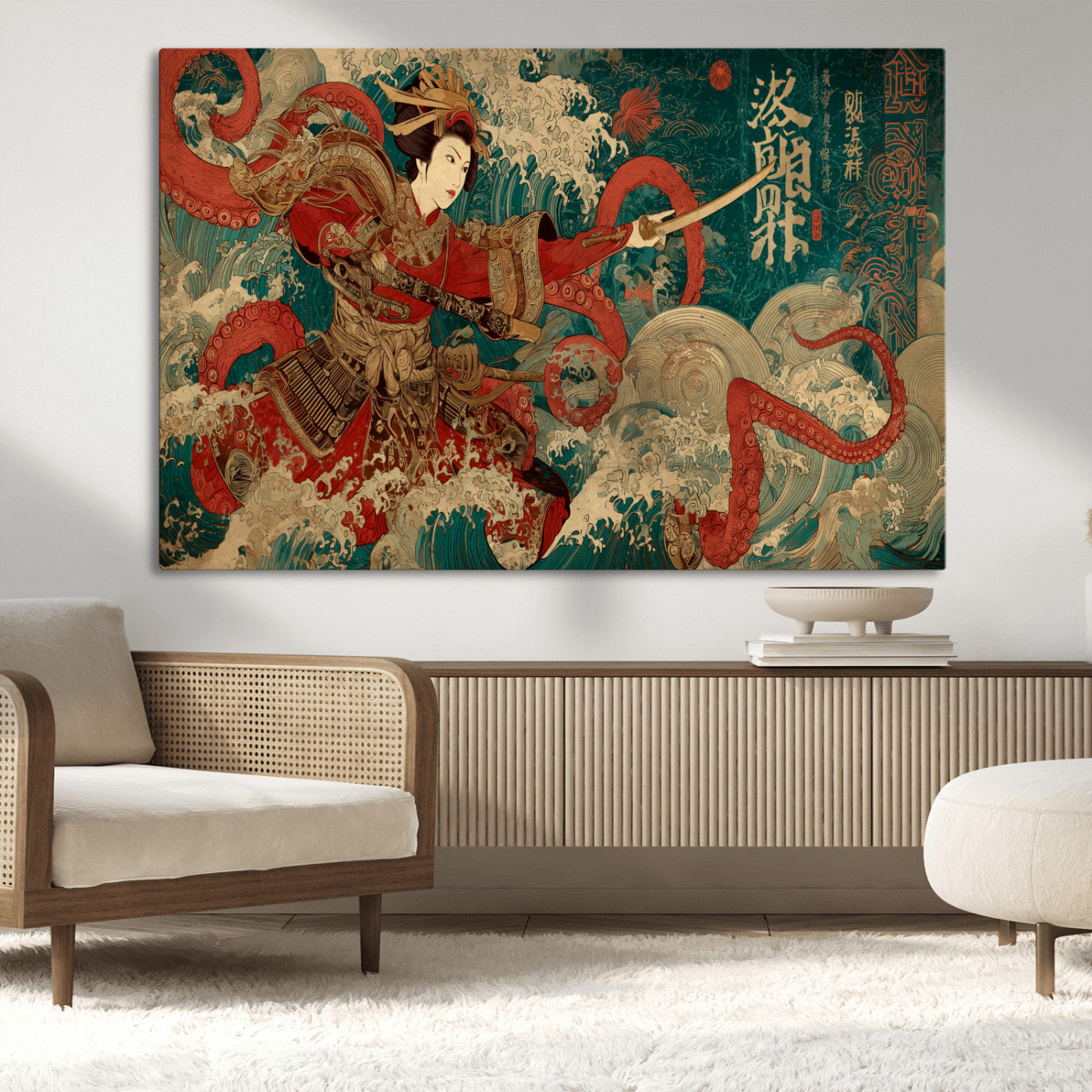 MGV-CV-36X24 - Tsukioka Yoshitoshi Samurai Wall Art Print, Japanese Katana Warrior Canvas Wall Art, Octopus Sea Monster Canvas Print,