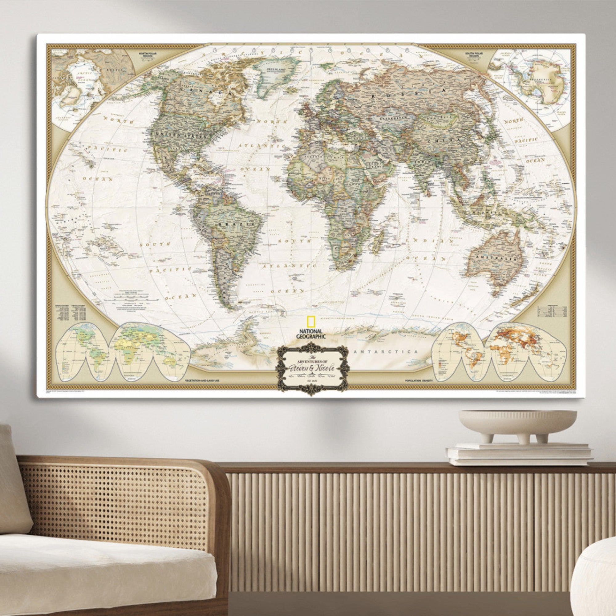 62071694-MGV-CV-36X24-Vintage World Map Wall Art Canvas Print, Classic Global Atlas with Antique Details Artwork for Home, Office