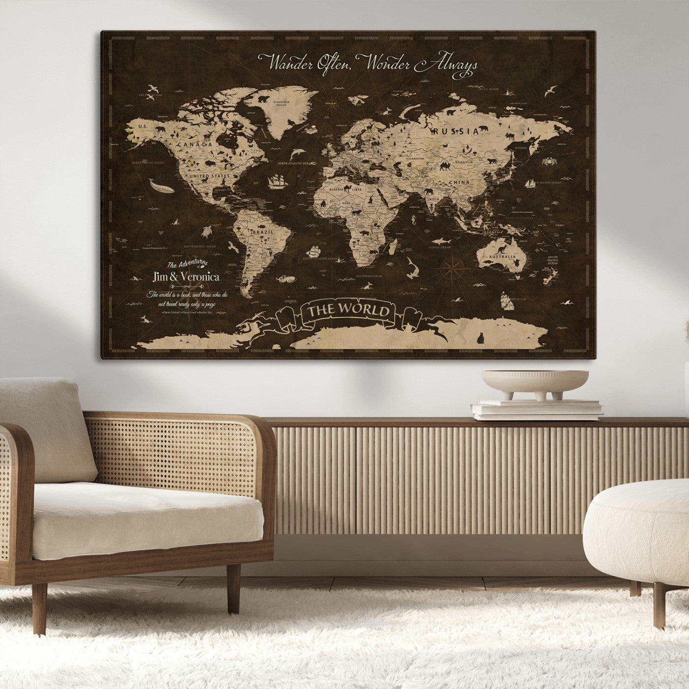 47004909-MGV-CV-36X24-Customize Push Pin World Map Wall Art Canvas Print – Personalized Map for Kids Room – Framed Custom Animal Map for Stady Room Decor