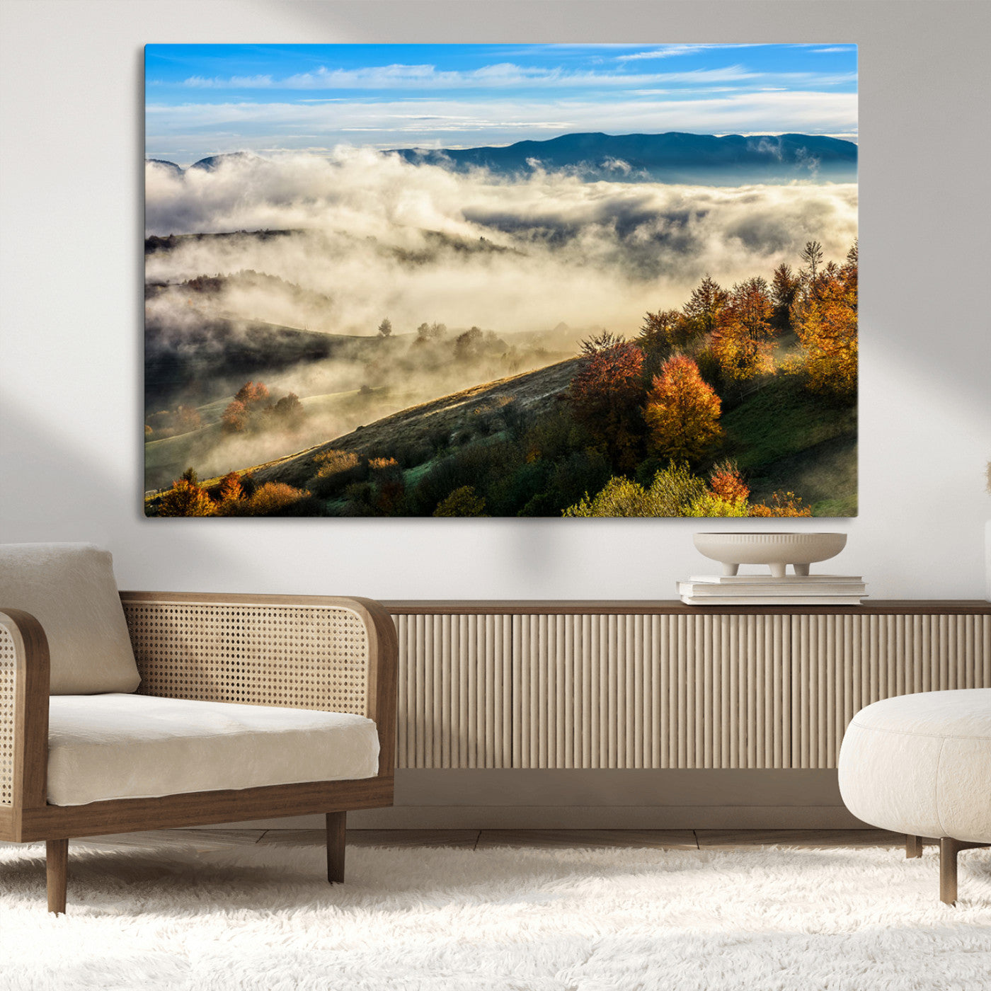 21551192-MGV-CV-36X24-Misty Autumn Hills Canvas Wall Art, Foggy Forest Landscape, Fall Foliage Beauty, Serene Mountain View, Cozy Home Decor, Office Tranquility, Nature Calm Print