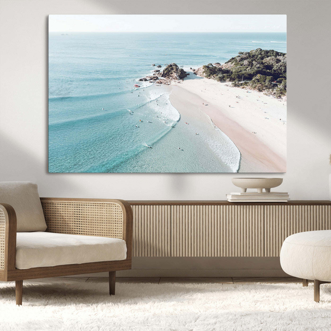 79395467-MGV-CV-36X24-Aerial Beach Canvas Wall Art Print, Coastal Ocean Waves and Surfers, Large Scenic Seaside Canvas for Home or Office 1 Panel Wrapped Canvas