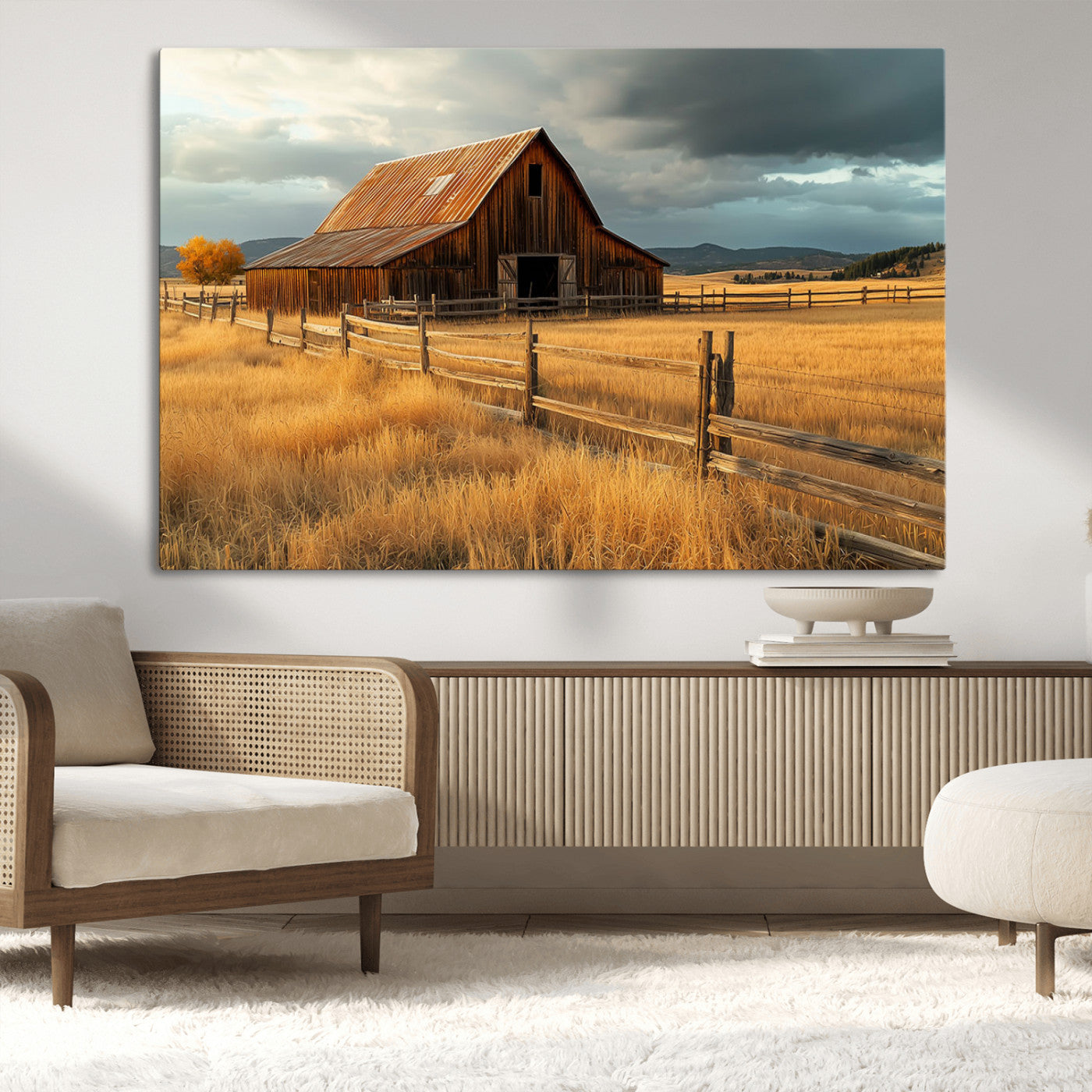 "Golden fields surrounding a rustic barn with a weathered roof, a wooden fence, and dramatic skies with sunlight breaking through the clouds."