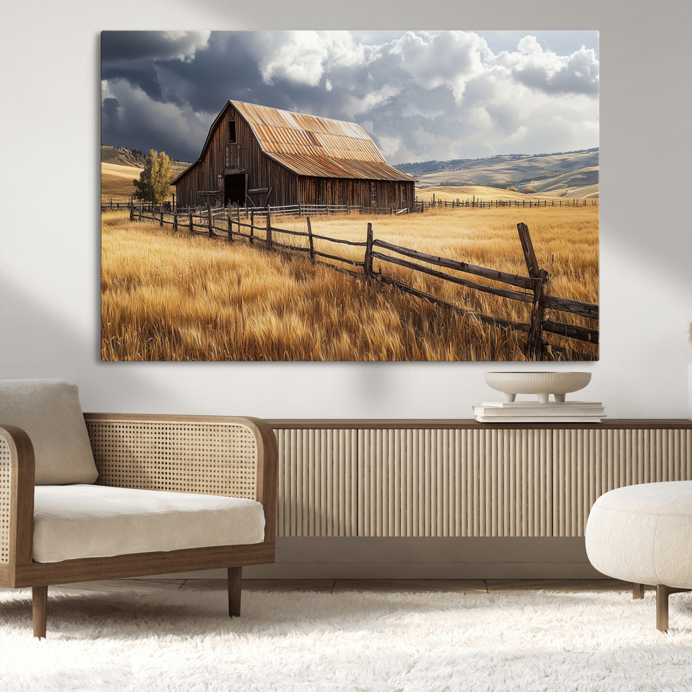 "Rustic barn surrounded by golden fields, a wooden fence, and dramatic storm clouds in the sky, capturing a serene countryside landscape."