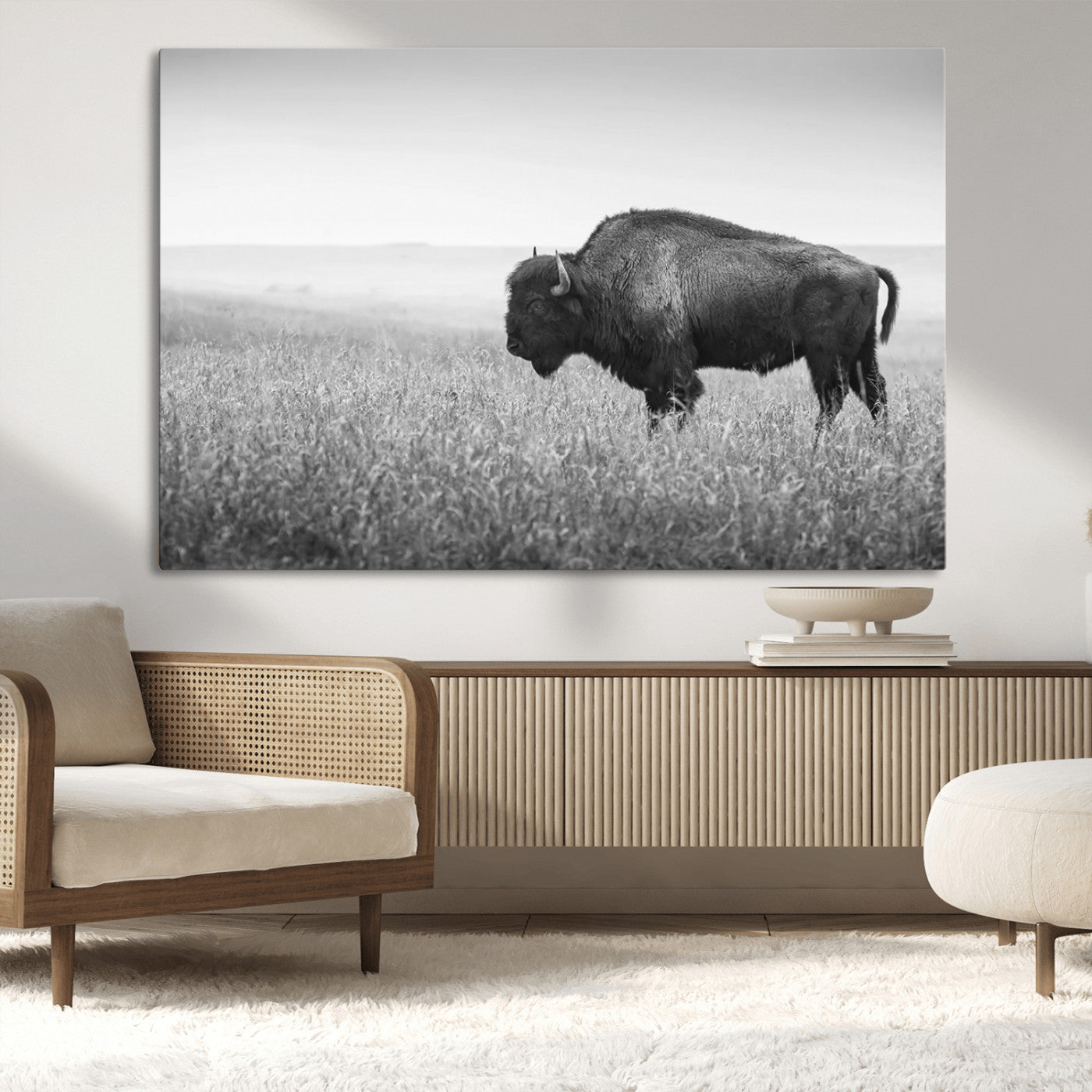 "Black and white image of a bison grazing in a vast field under an overcast sky."