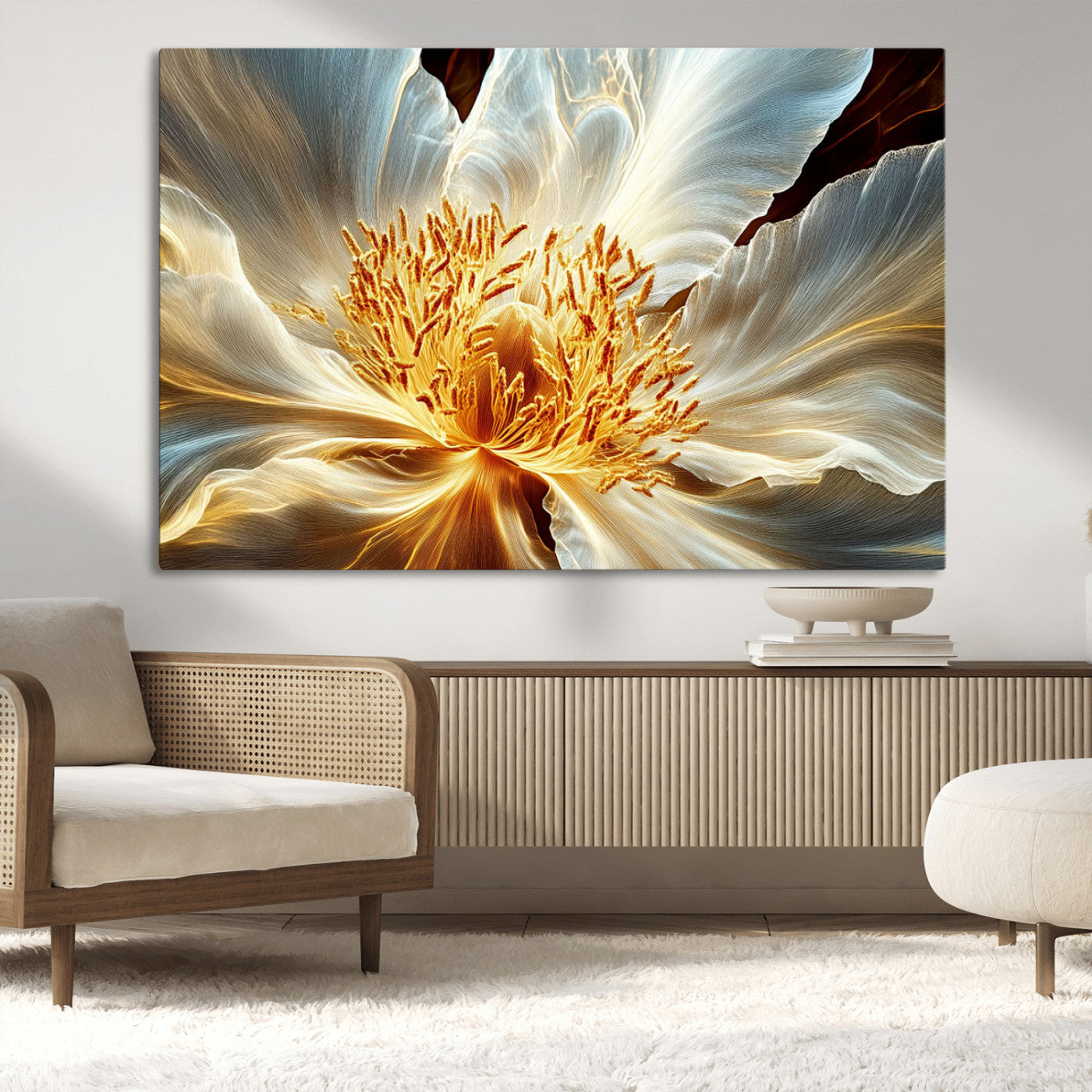 "Close-up of a glowing, abstract flower with delicate white petals and vibrant golden-yellow stamen against a dark background."