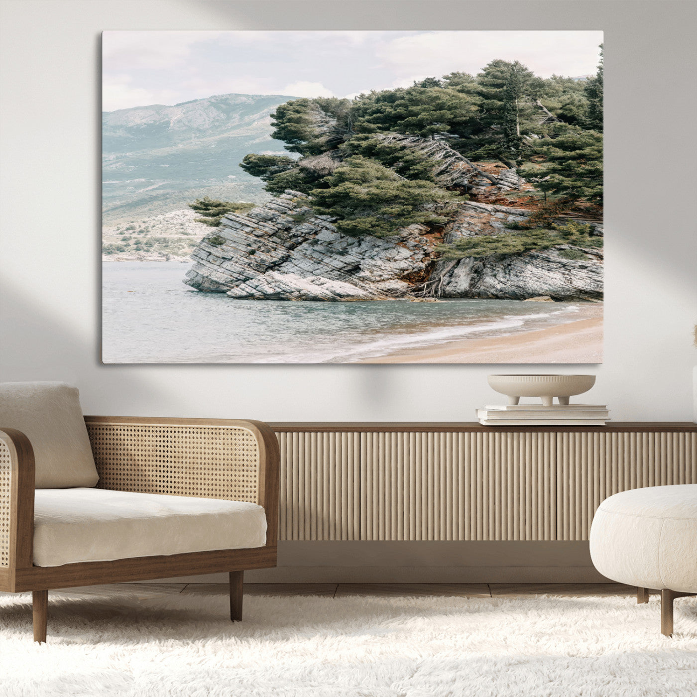 MGV-CV-36X24 - Coastal Rock Canvas Wall Art Print, Scenic Beach Landscape, Pine Trees on Rocky Cliff, Large Nature