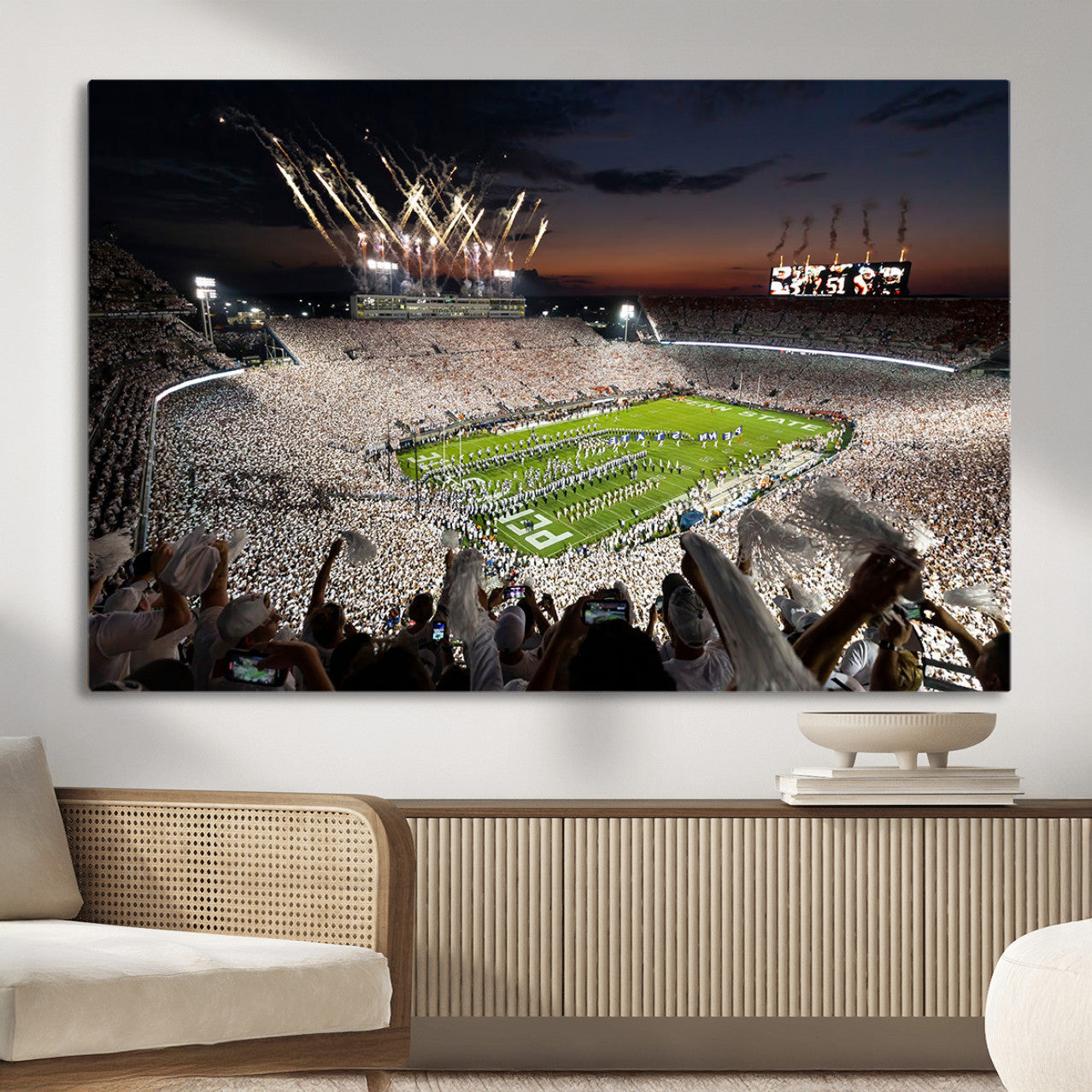 11221988-MGV-CV-36X24 - Epic Night Football Stadium Wall Art Canvas Print, Fireworks and Crowd Energy Game Day Excitement Decor for Home, Office