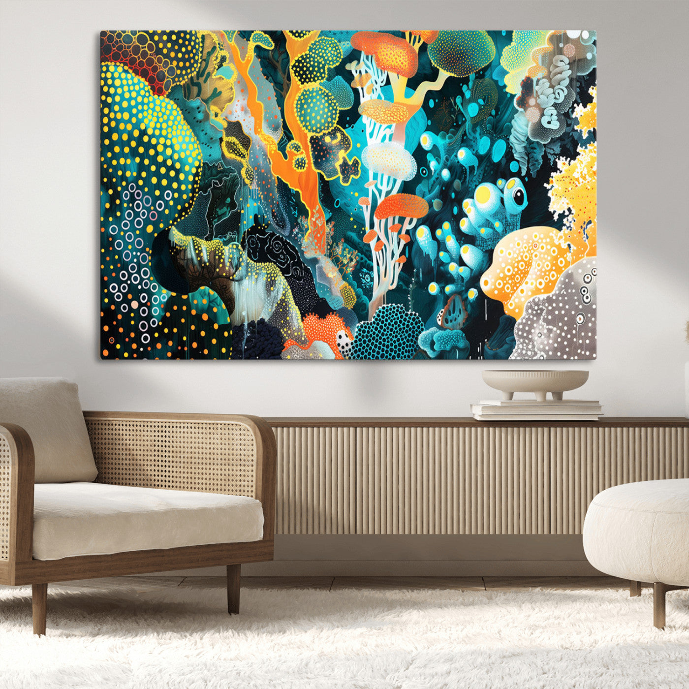 Colorful abstract coral reef scene featuring vibrant underwater plants, marine patterns, and fluid organic shapes – Wall Art Canvas Print.