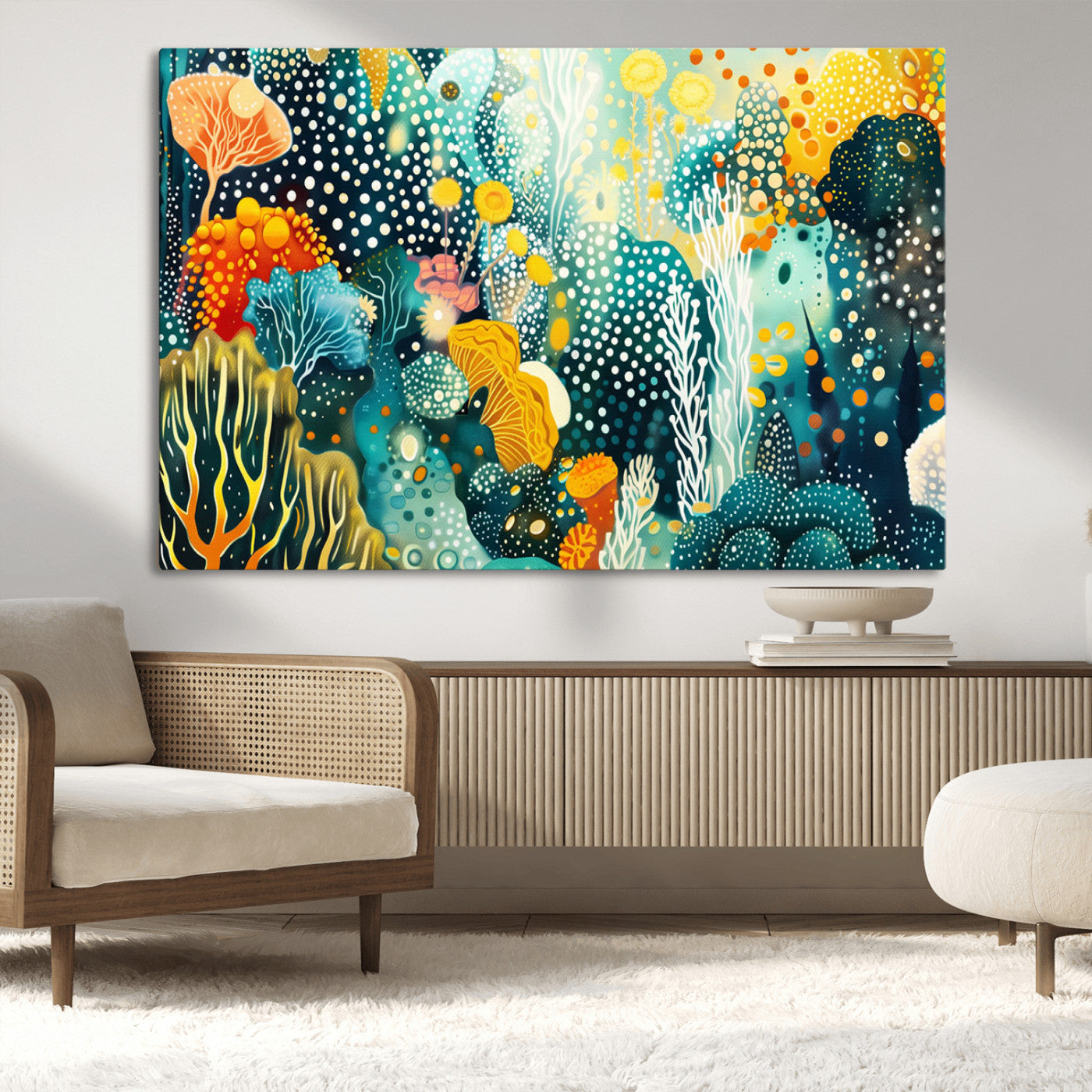 Abstract underwater coral reef illustration with vibrant colors, dotted textures, and stylized marine flora – Wall Art Canvas Print.