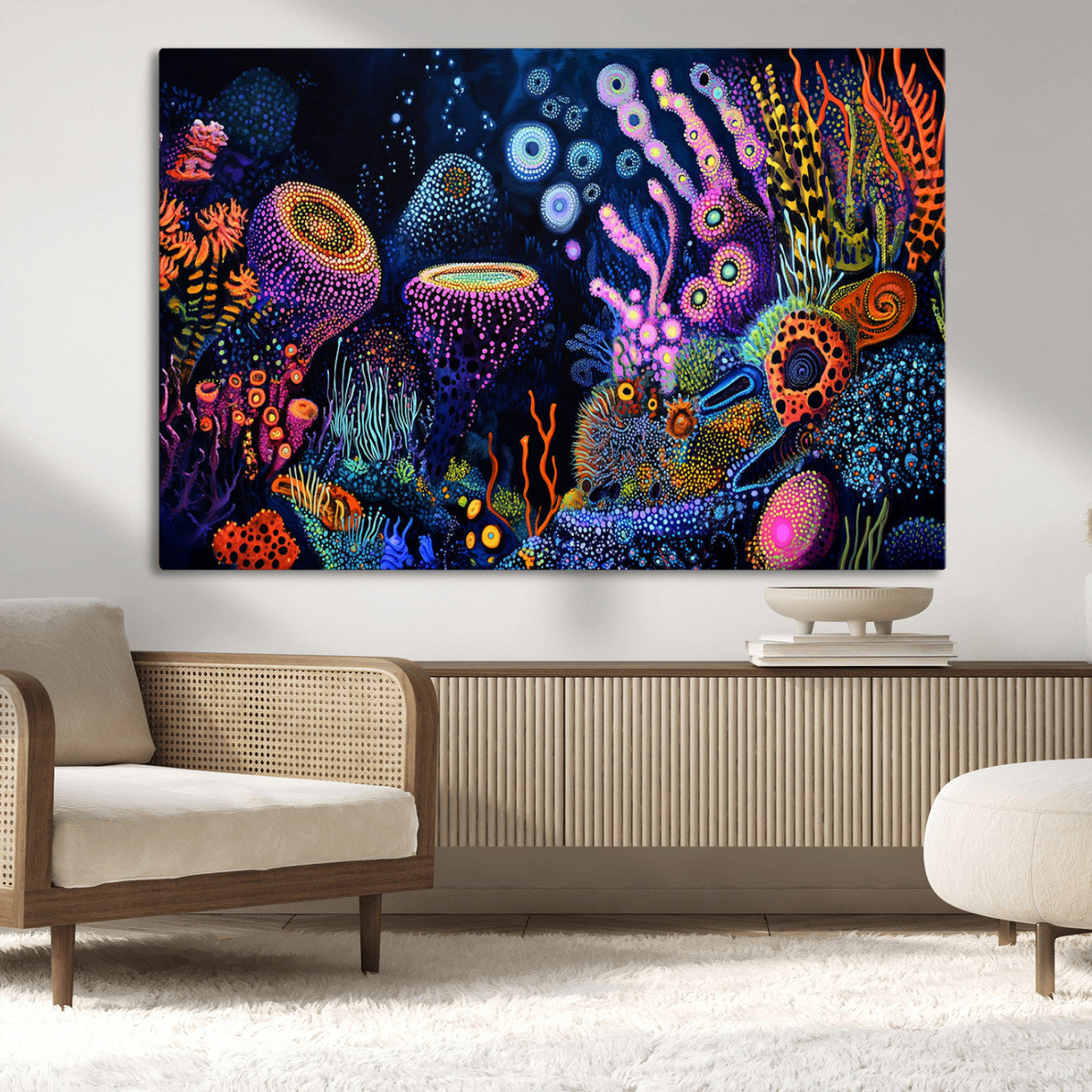 Vibrant and colorful abstract underwater coral reef artwork with diverse shapes and glowing patterns – Wall Art Canvas Print.