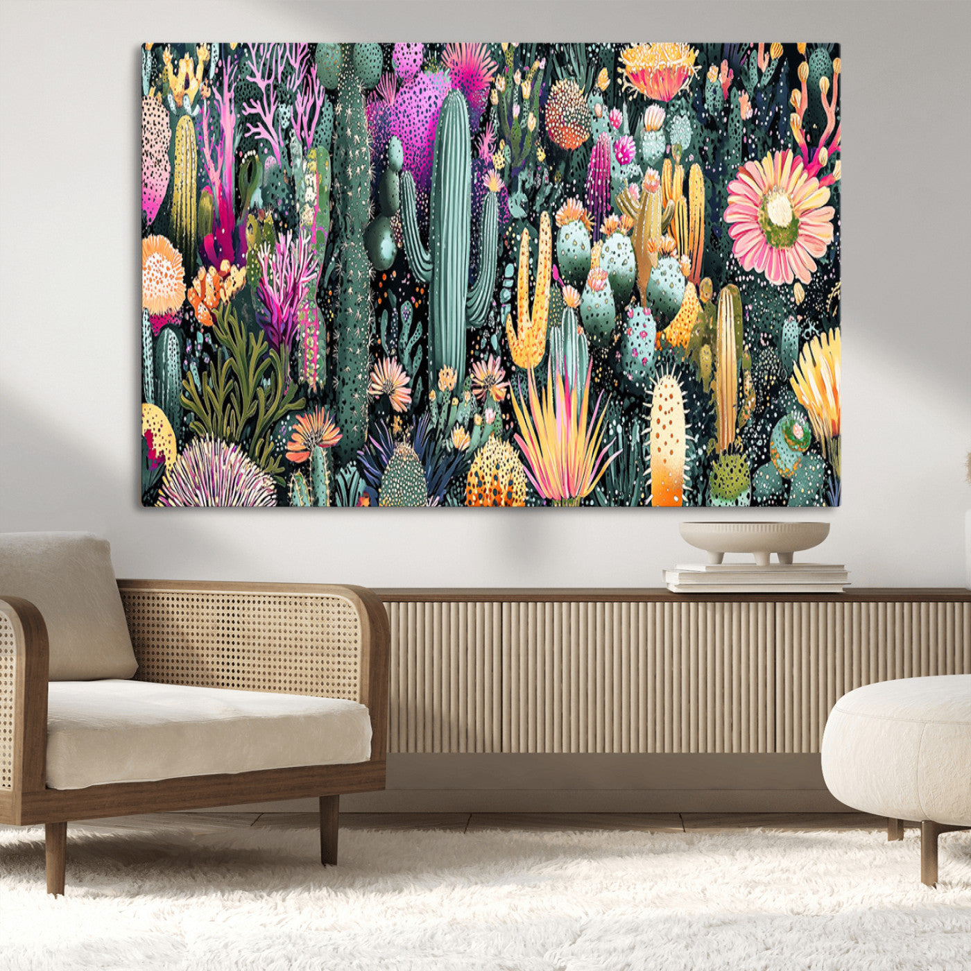 Colorful and detailed painting of various cacti and desert flowers in vibrant hues on a dark background – Wall Art Canvas Print.