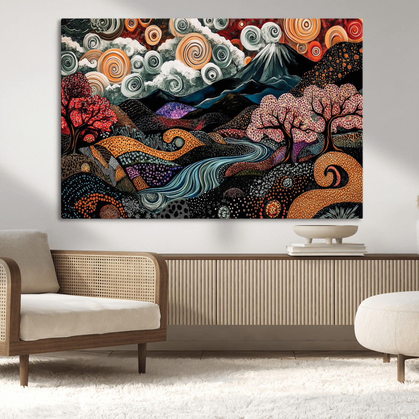 Vibrant abstract landscape painting featuring swirling clouds, colorful trees, flowing river, and textured hills under a mountain – Wall Art Canvas Print.