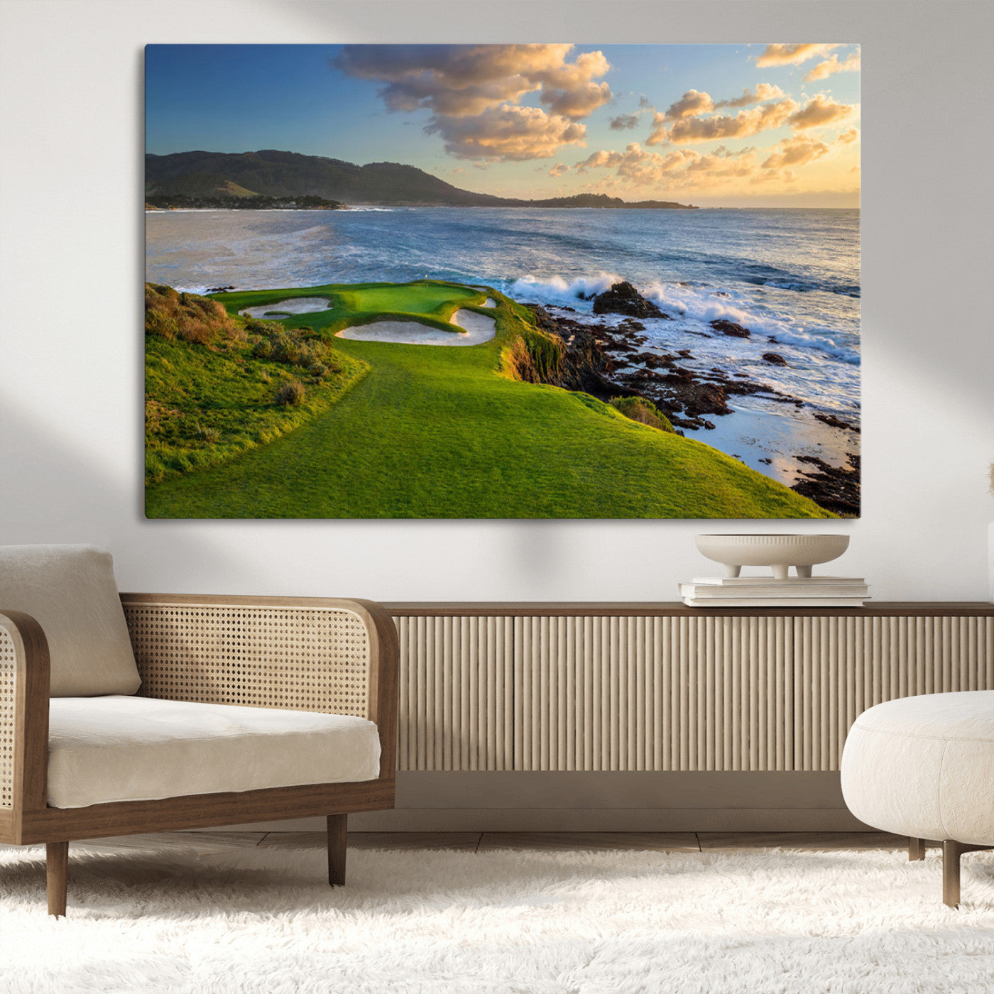 MGV-CV-36X24 - Stunning Coastal Golf Course at Sunset with Rolling Green Fairways and Ocean Waves – Perfect Wall
