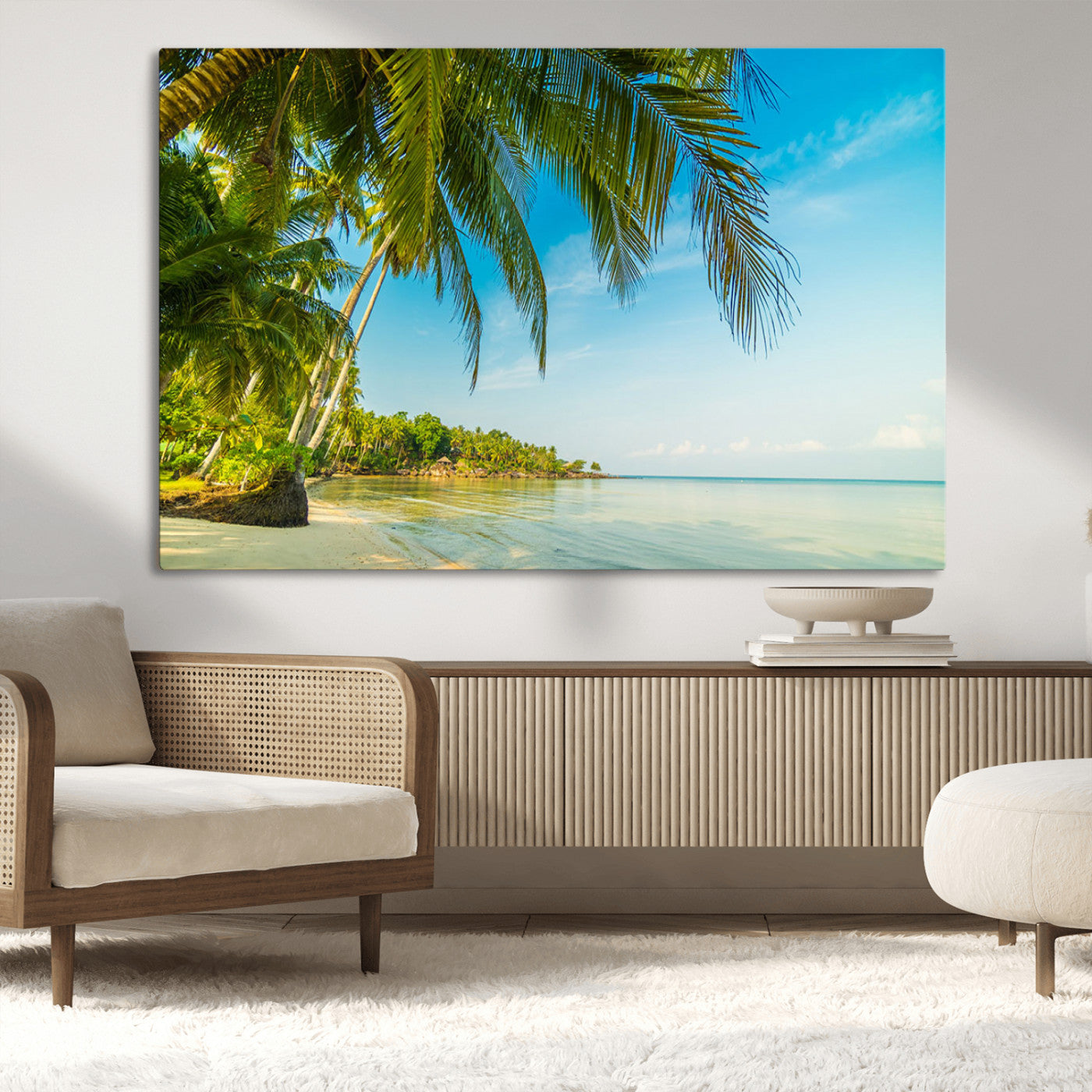 MGV-CV-36X24 - Peaceful Tropical Beach with Palm Trees and Calm Blue Sea – Serene Coastal Wall Art Canvas Print for