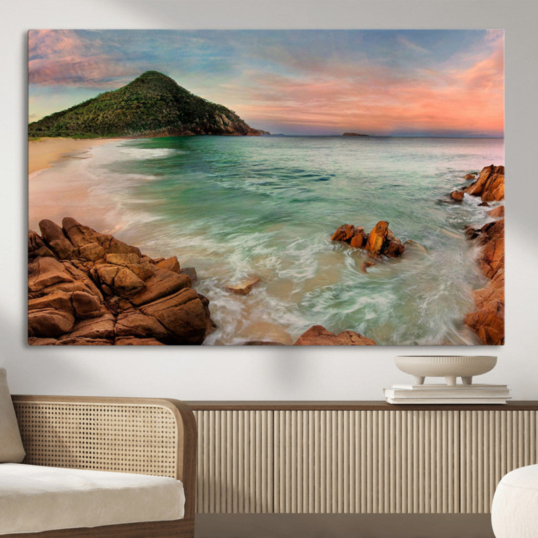 Stunning Coastal Landscape with Rocky Shore and Green Hills at Sunset, Ocean View Canvas Print