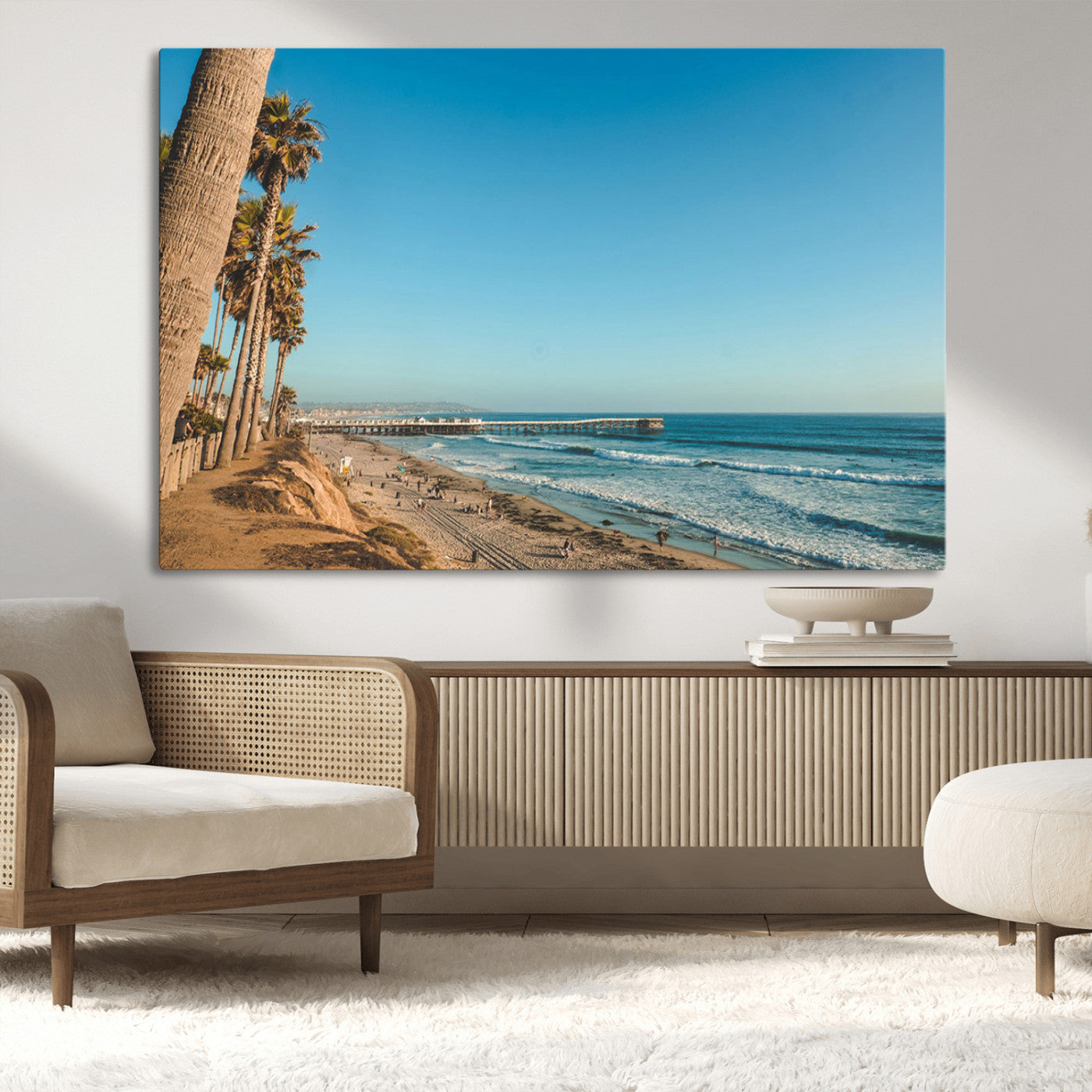 MGV-CV-36X24 - Scenic Beach with Tall Palm Trees, Sandy Shore, and Long Pier Stretching into the Calm Ocean Under