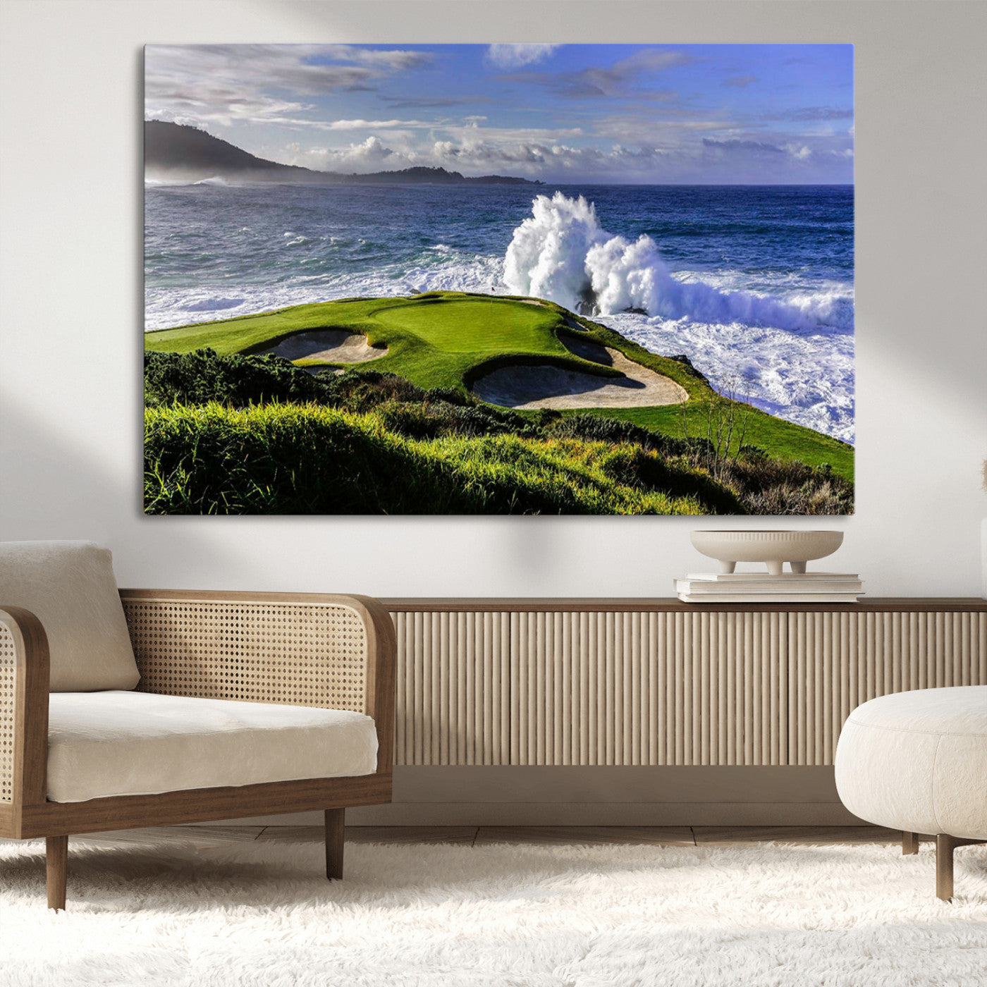 78508908-MGV-CV-36X24-Dramatic Ocean Waves Crashing Against Rocky Coastline Near a Green Golf Course – Stunning Wall Art Canvas Print for Nature and Sports Lovers