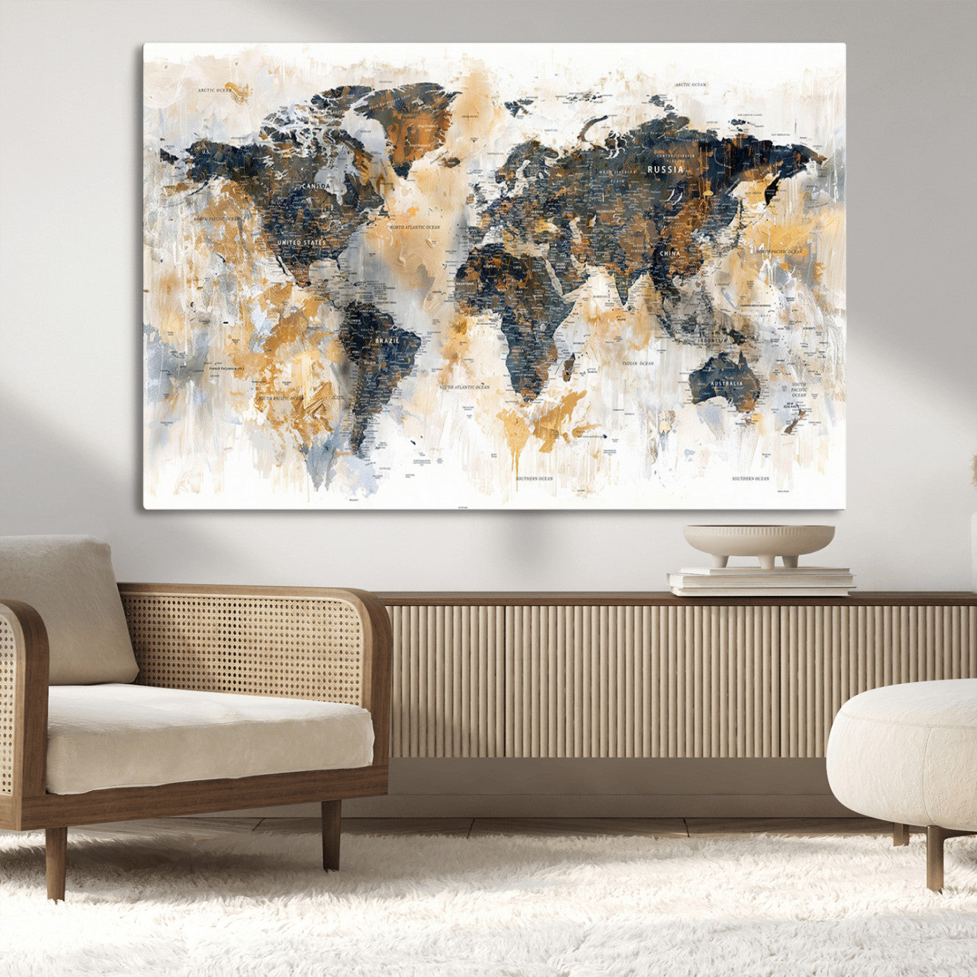 Artistic world map with textured brush strokes in shades of gold, navy blue, and white, showing continents and countries with an abstract, painterly effect.