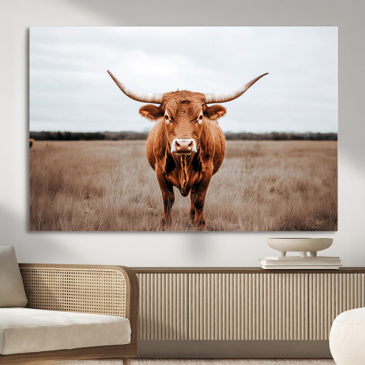 16316734-MGV-CV-36X24 - Longhorn bull, open field, rustic charm, natural beauty, Wall Art Canvas Print, countryside,