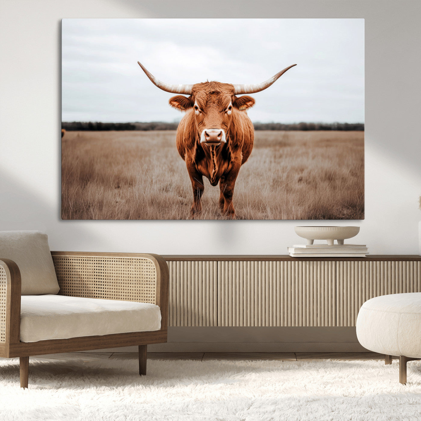MGV-CV-36X24 - Longhorn bull, open field, rustic charm, natural beauty, Wall Art Canvas Print, countryside,