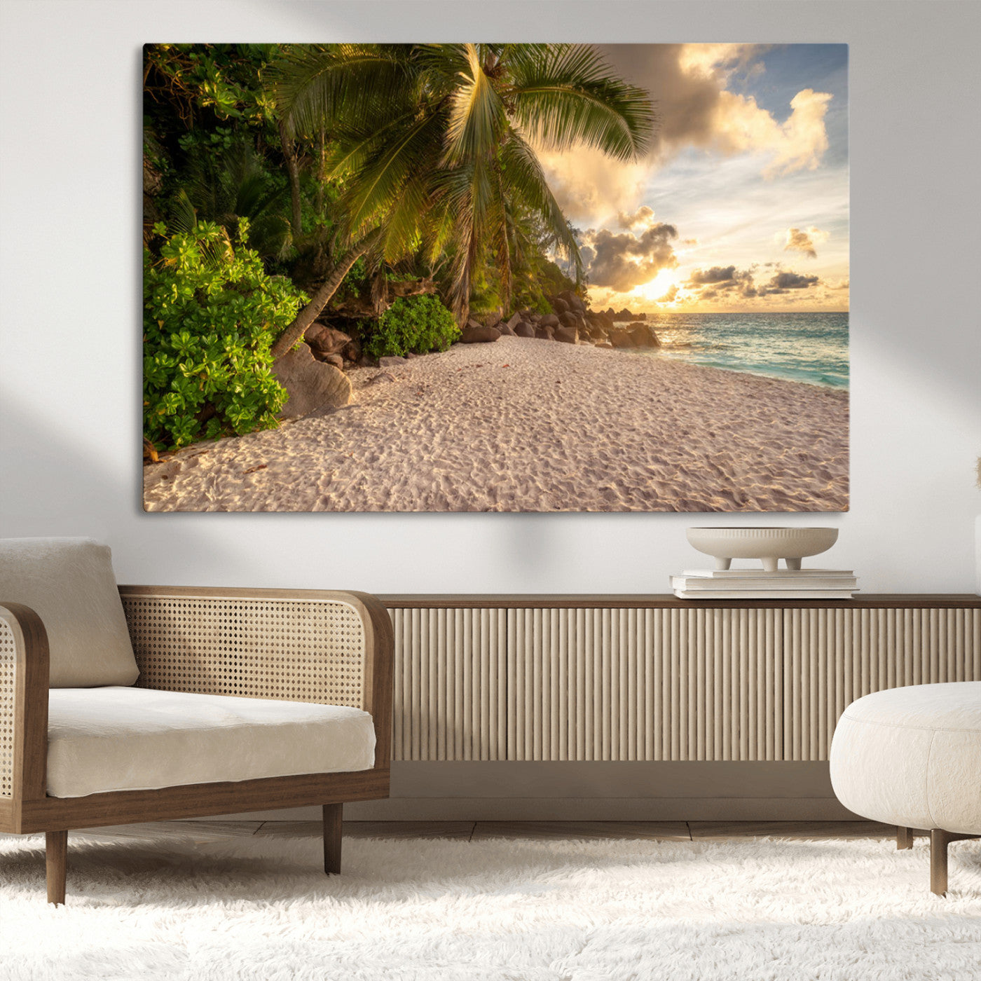 89531159-MGV-CV-36X24-Tropical beach sunset, palm trees, white sand, ocean waves, golden sky, serene landscape, nature beauty, tranquil shore, Wall Art Canvas Print