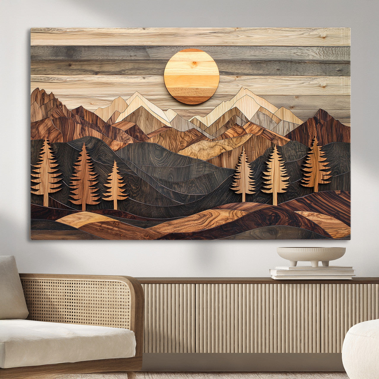 19832326-MGV-CV-36X24 - Wooden Mountain Landscape Layered Texture Geometric Shapes Sun Pine Trees Rustic Natural Tones Art