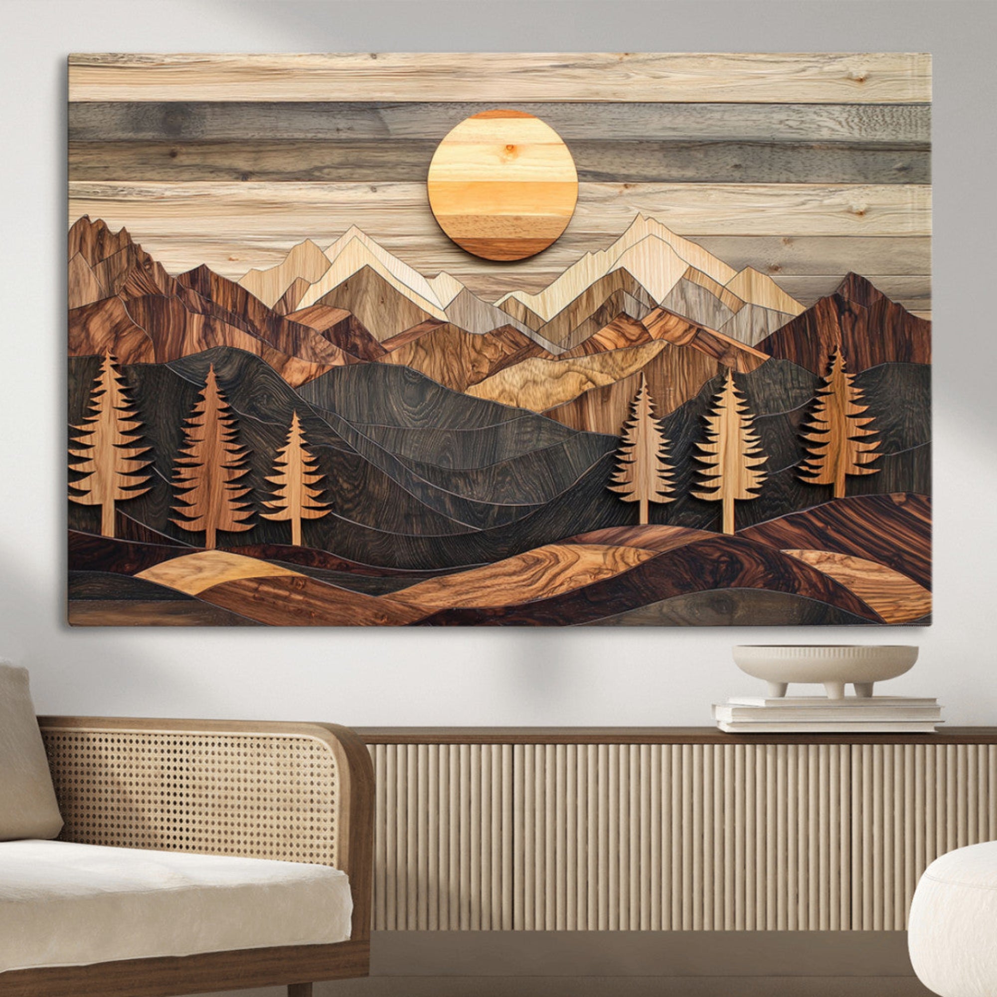 MGV-CV-36X24 - Wooden Mountain Layers Canvas Wall Art – Rustic Pine Tree Landscape with Sunlight Artistic Nature