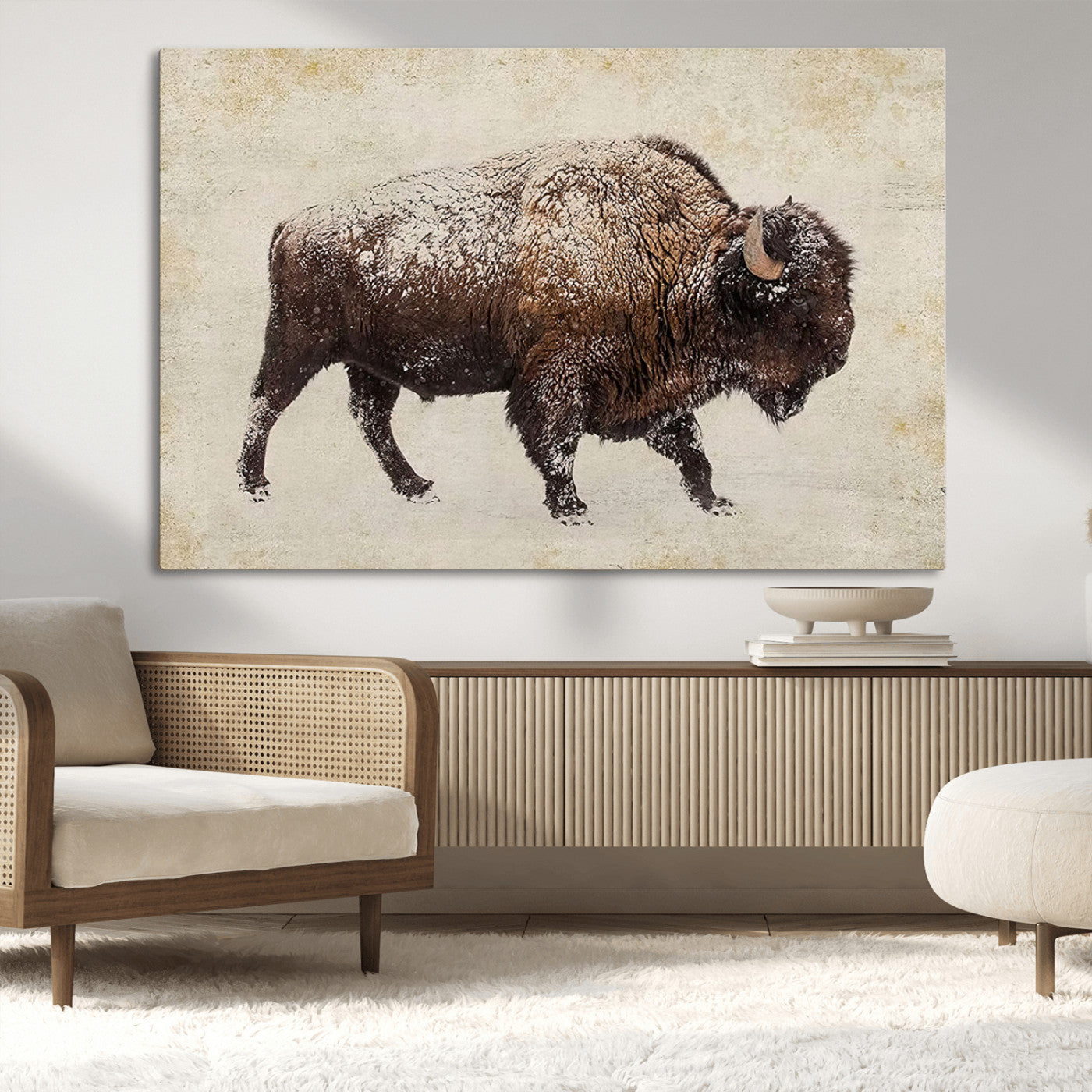 54810031-MGV-CV-36X24-Snow-dusted bison silhouette textured vintage style rugged wildlife art with neutral tones perfect for rustic home decor Wall Art Canvas Print design
